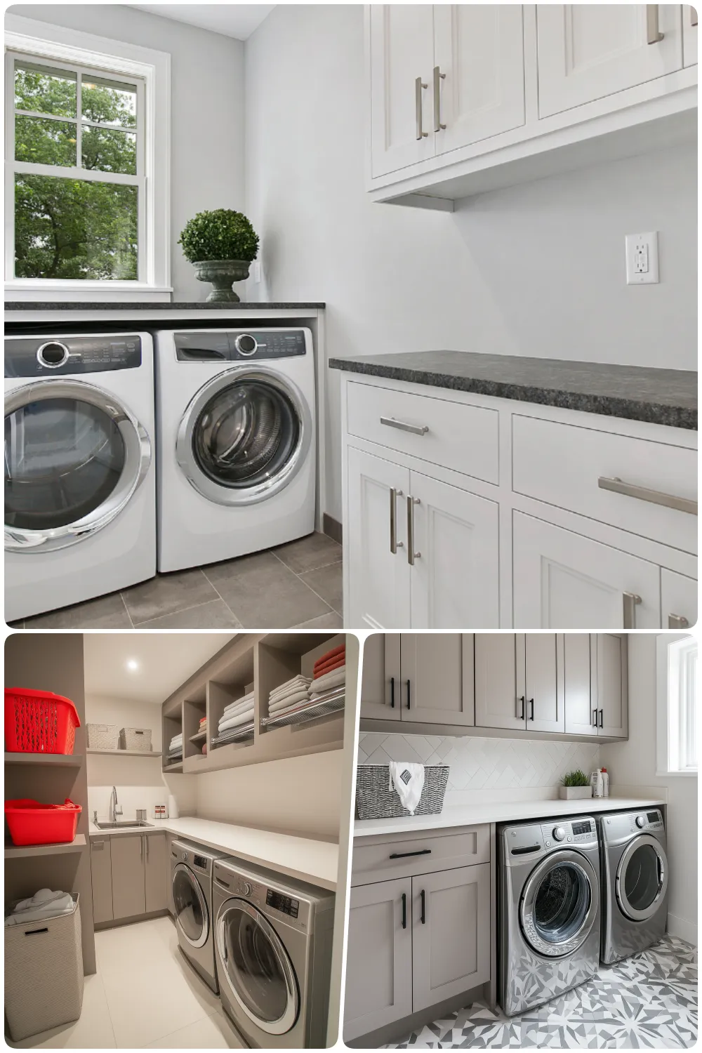 Sleek laundry rooms with modern appliances and organized storage in neutral tones