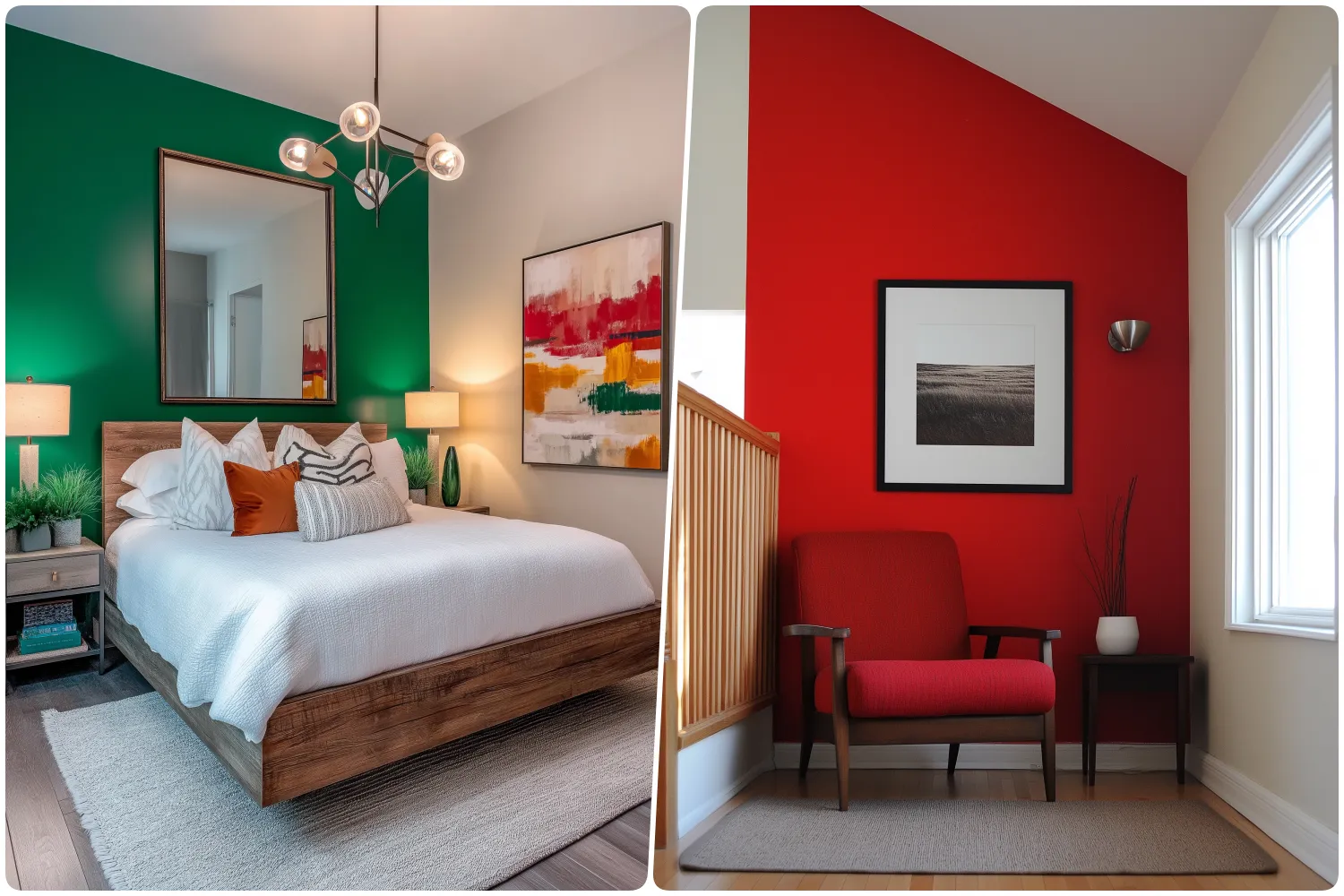 Stylish bedroom with green accent wall and cozy reading nook featuring a bold red accent wall