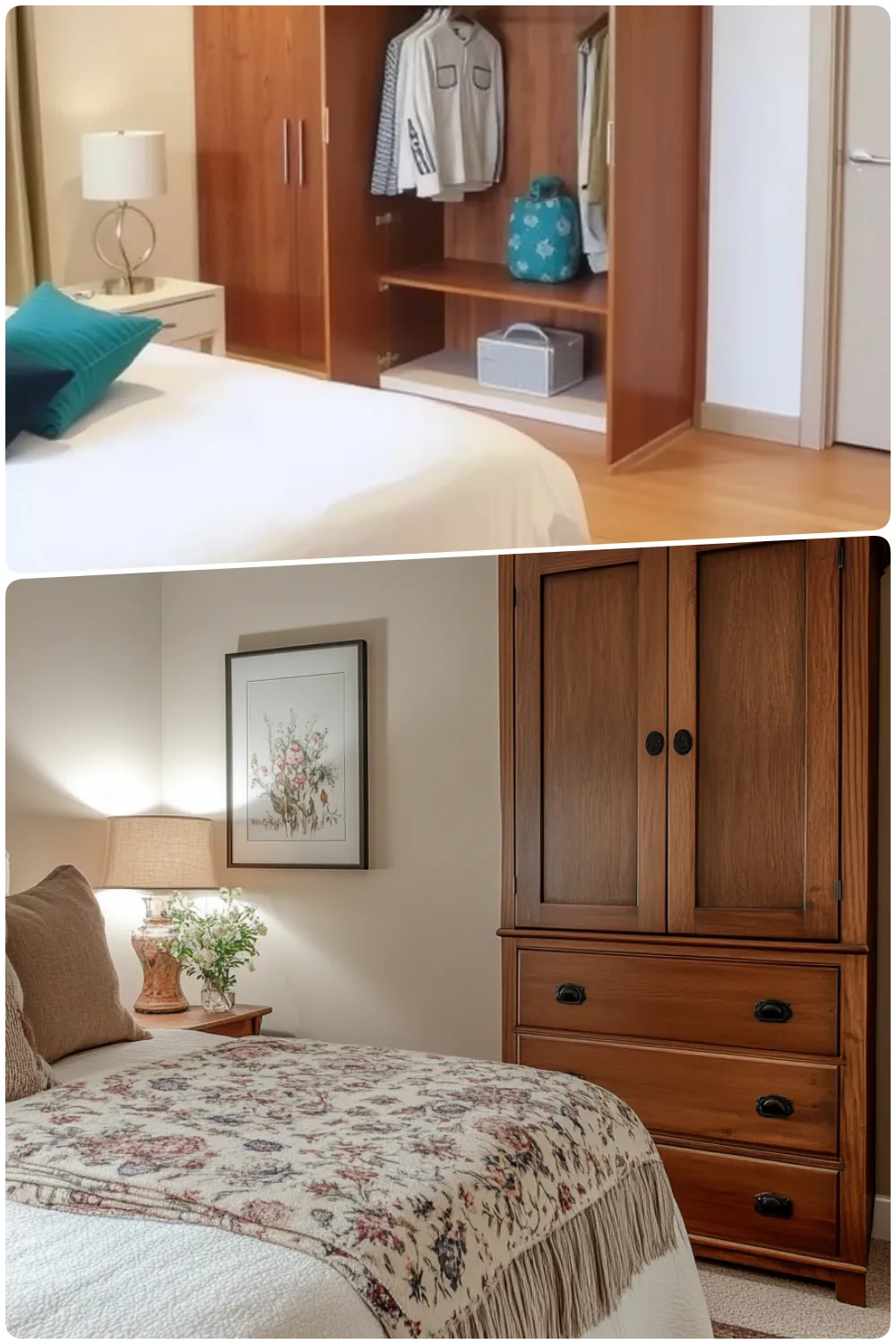 Stylish guest bedrooms featuring organized closets rustic furniture and cozy bedding accents