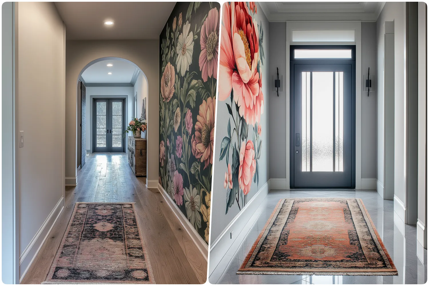 Stylish hallway with floral wallpaper elegant rugs and modern entryway featuring glass doors