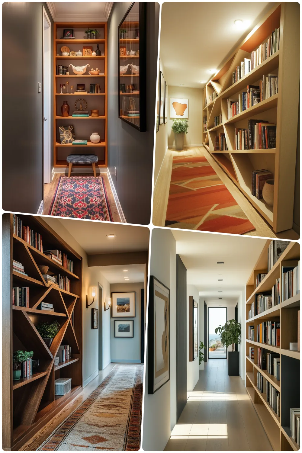 Stylish home hallways featuring bookshelves decorative art and unique shelving designs