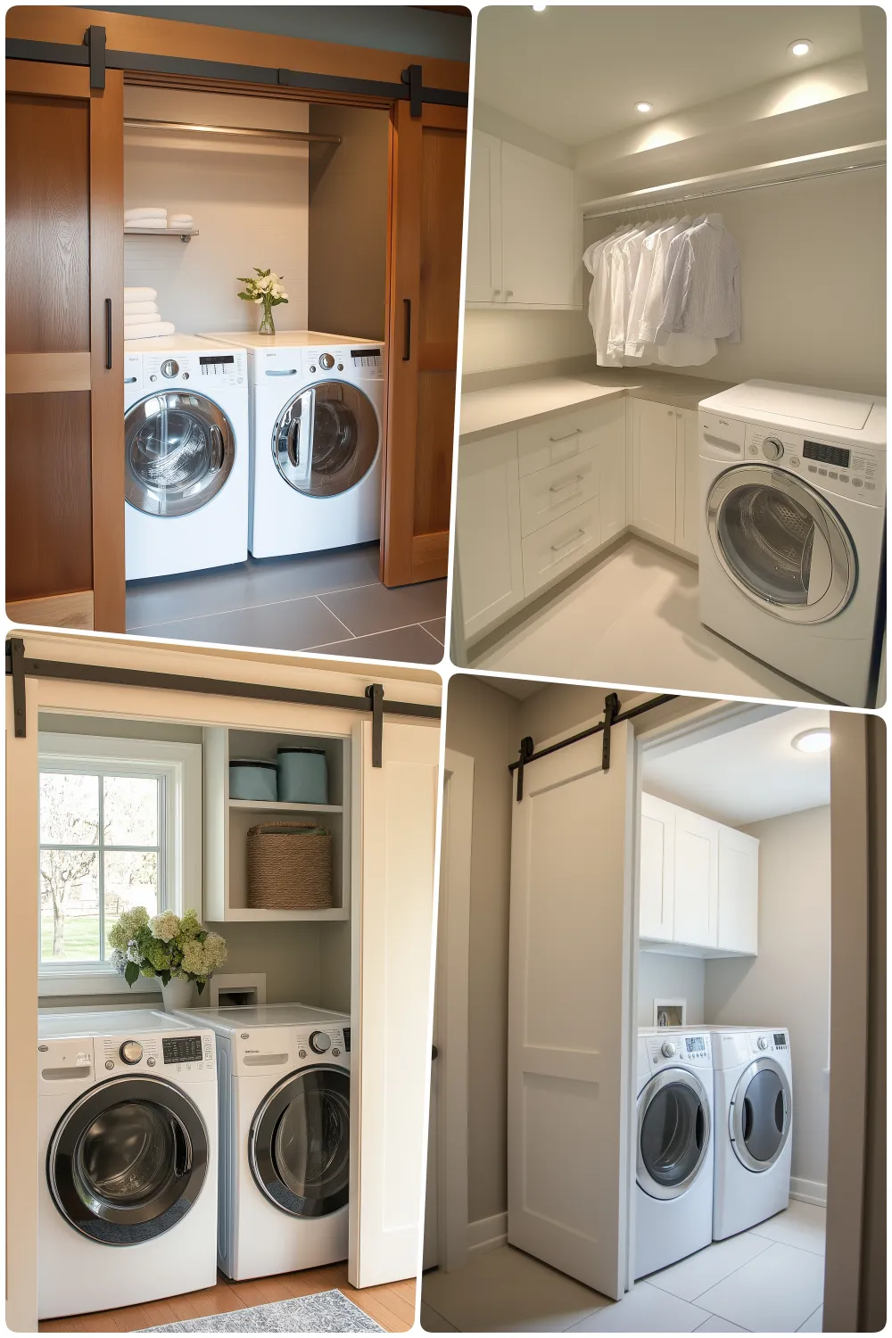 Stylish laundry areas with sliding barn doors modern appliances and organized storage solution