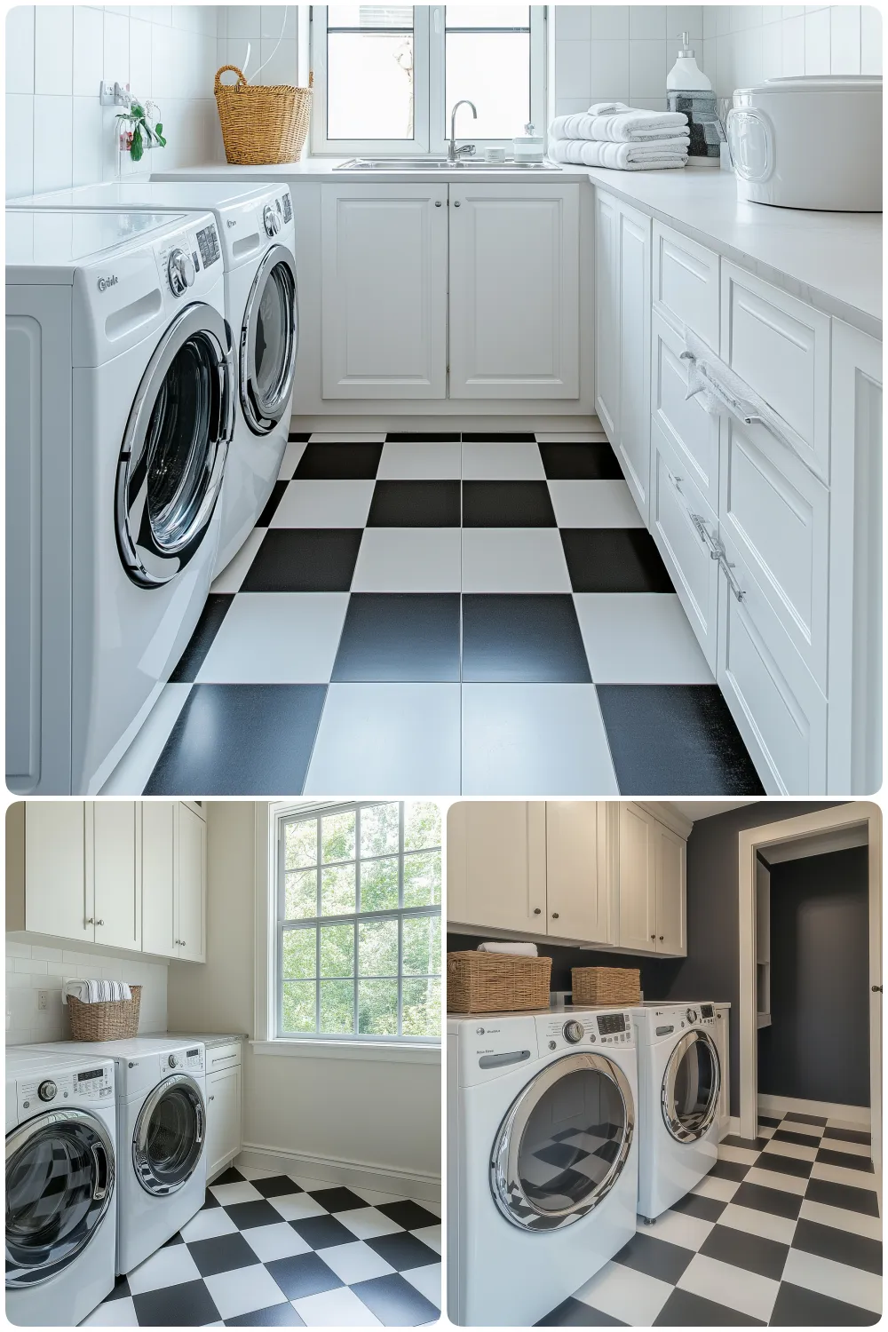 Stylish laundry room designs featuring black and white checkerboard flooring