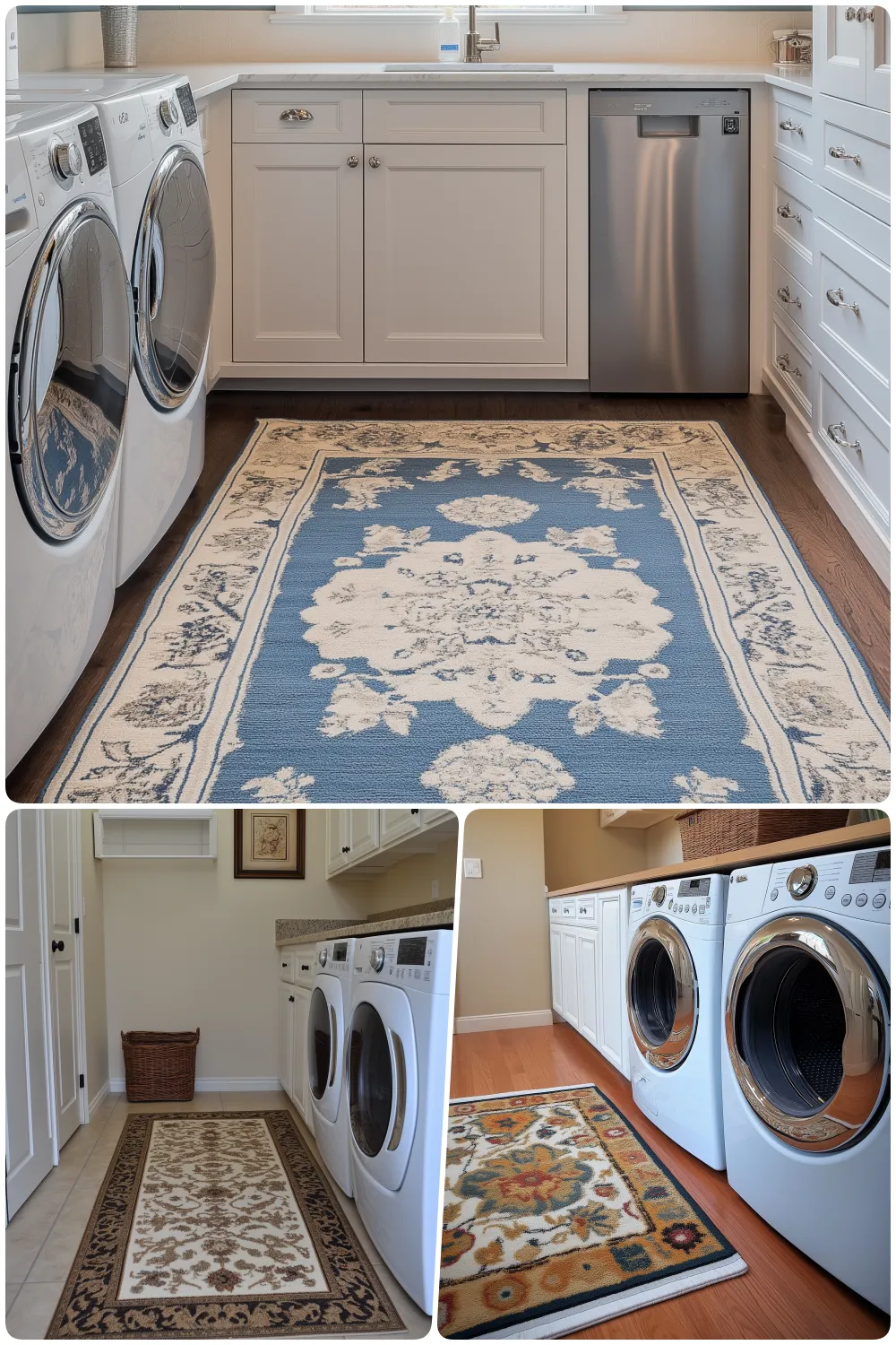 Stylish laundry room with white appliances and elegant patterned rugs on hardwood floors