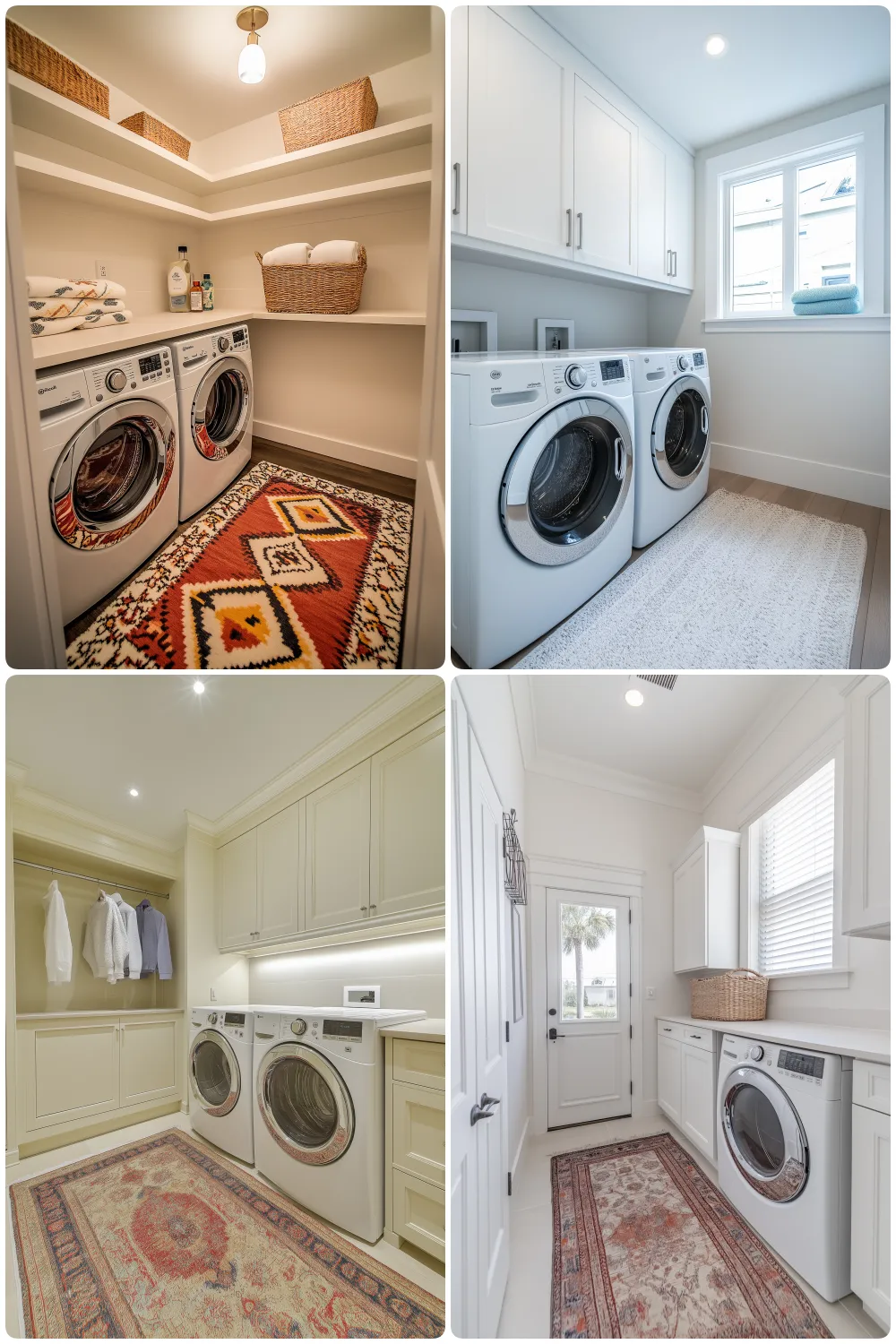 Stylish laundry rooms with modern appliances and decorative rugs in bright settings