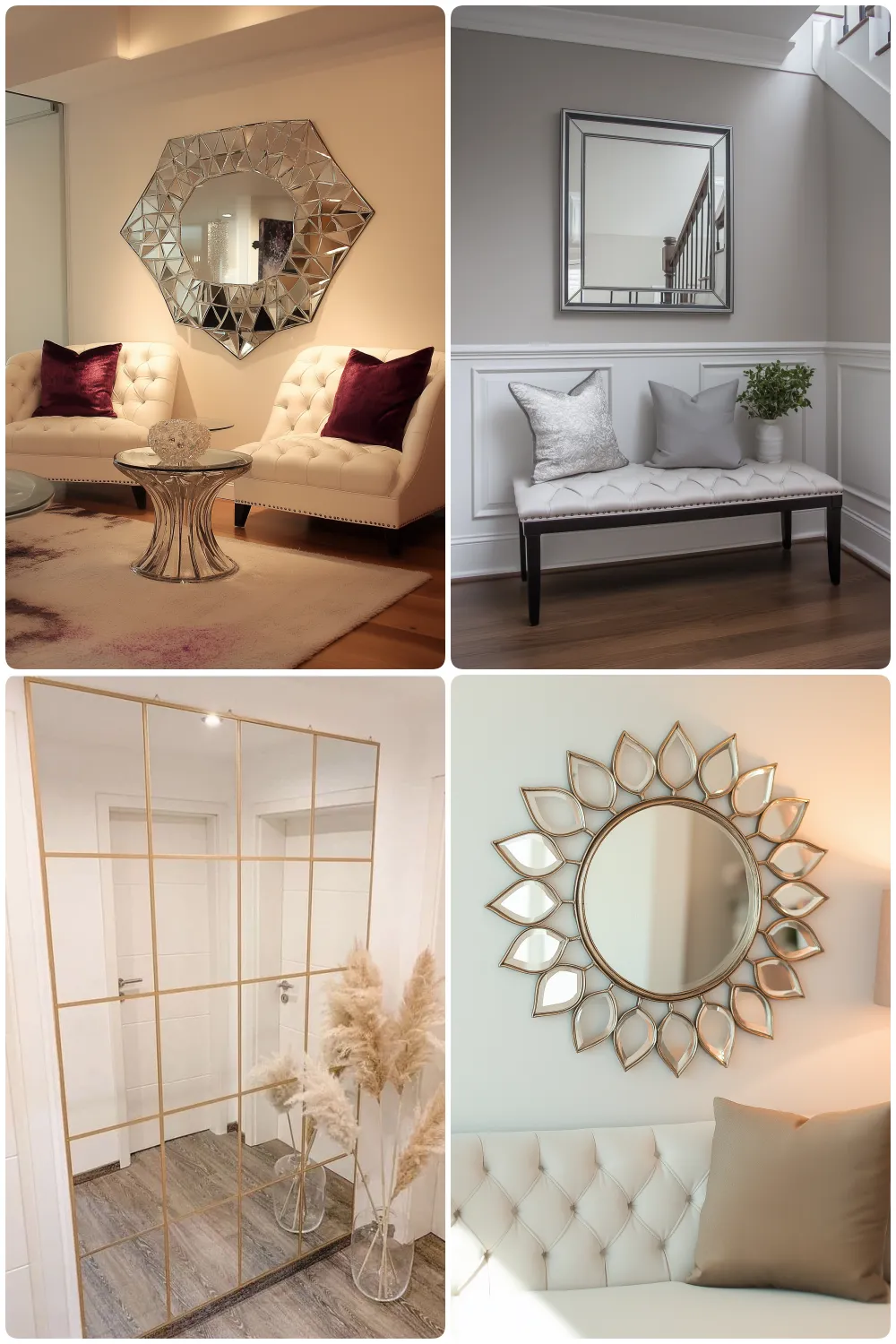 Stylish living spaces featuring elegant mirrors and chic seating for modern home decor inspiration