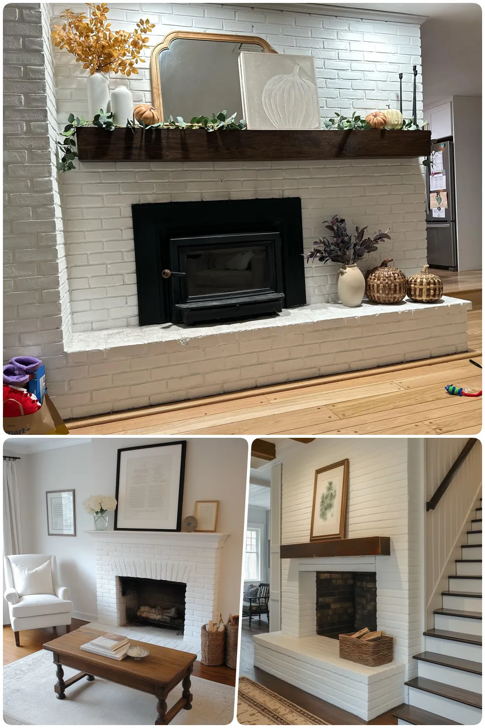 Stylish painted brick fireplaces with wooden mantels create bright and modern living spaces