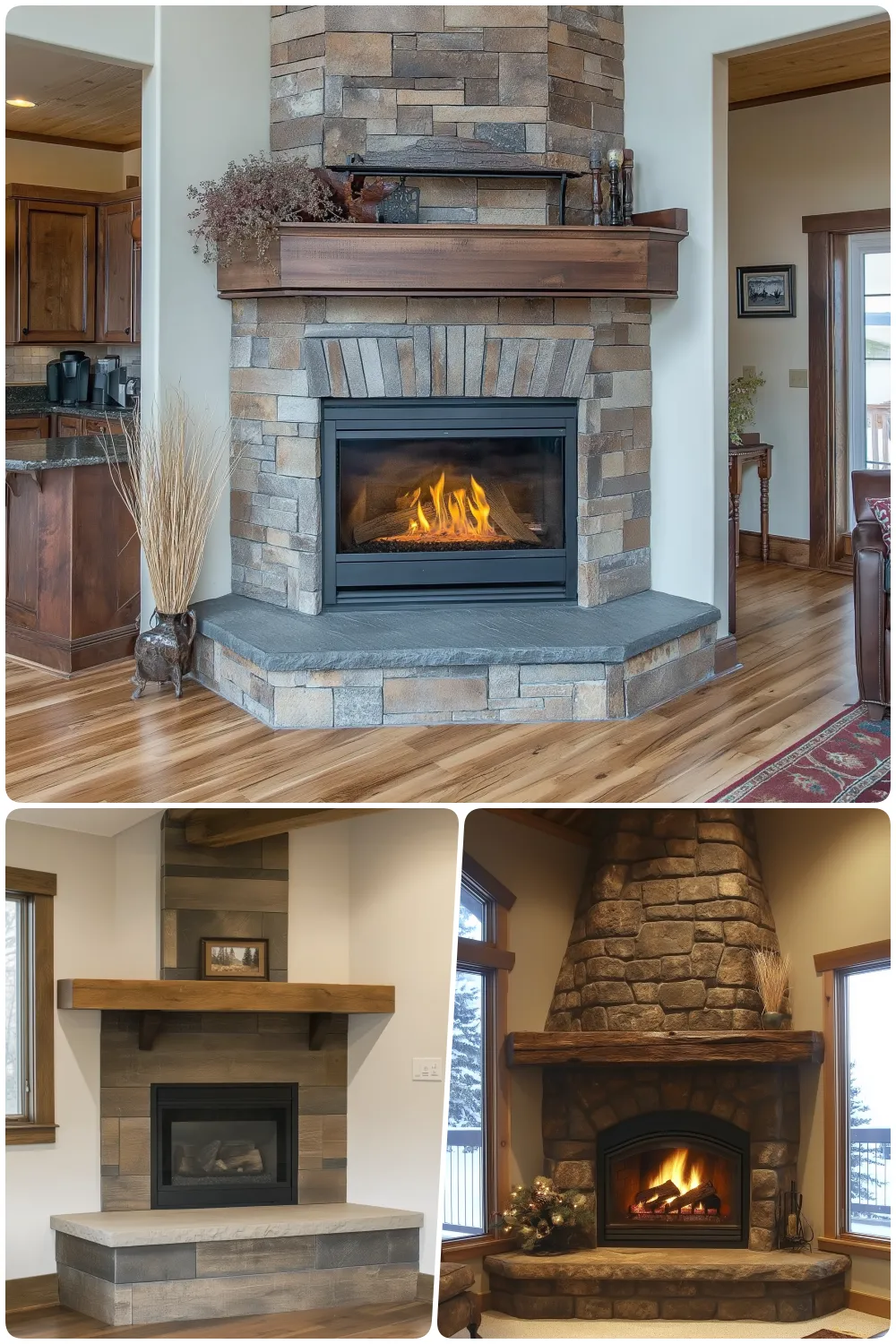 Stylish stone fireplaces with wooden mantels add warmth and elegance to cozy living areas