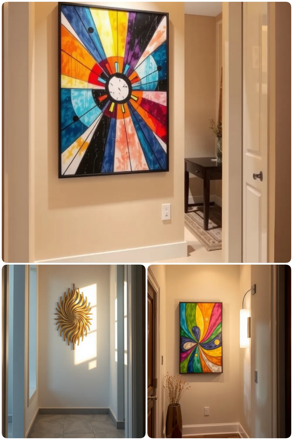 Vibrant hallway decor featuring colorful wall art and stylish mirrors in warm lighting