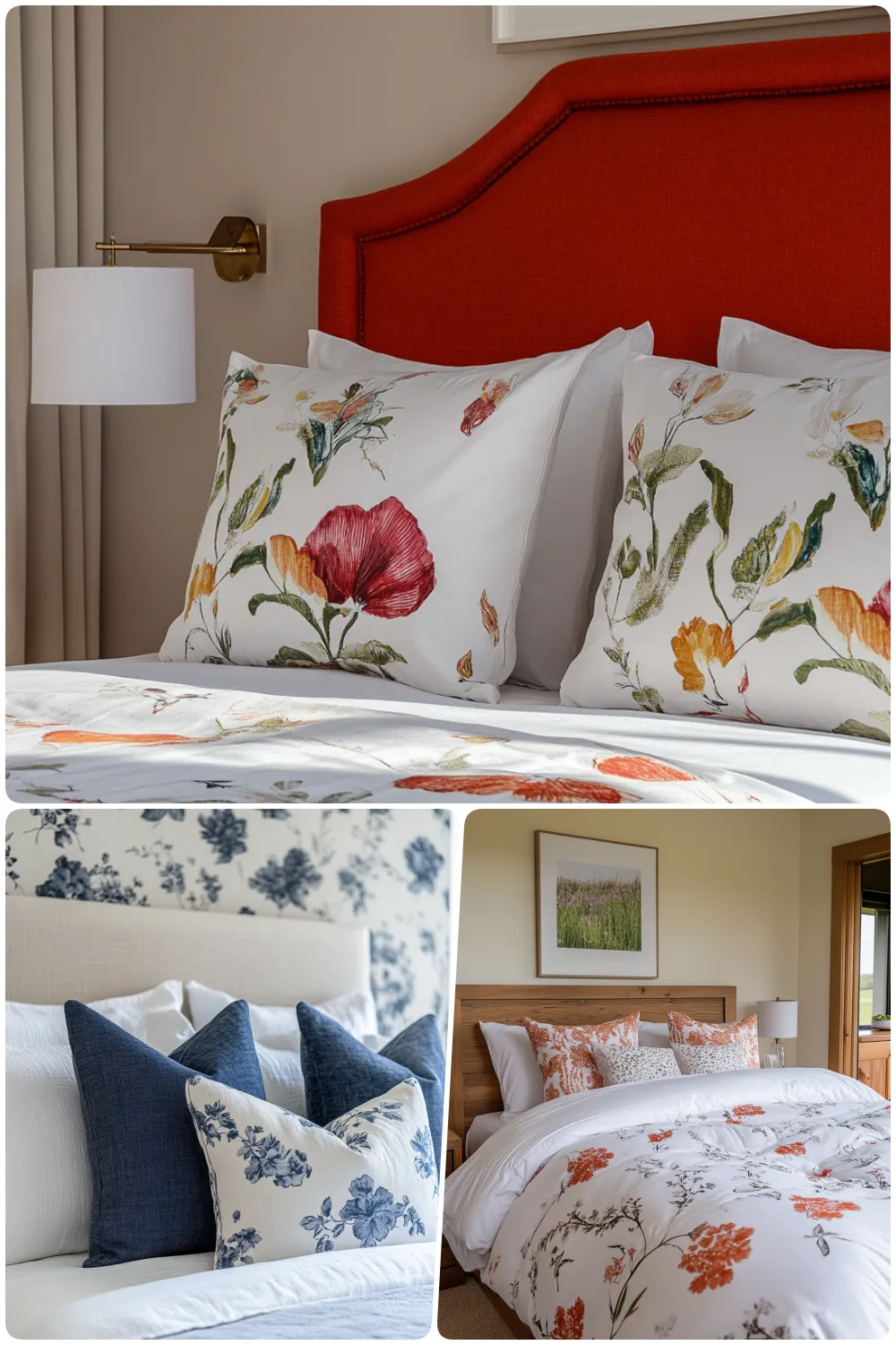 bedding with floral patterns and colorful pillows in a modern bedroom setup