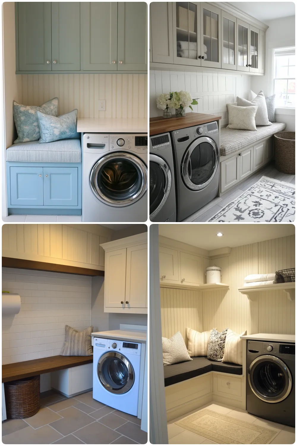 cozy laundry room with light blue cabinets comfortable seating stylish washer dryer and storage shelves