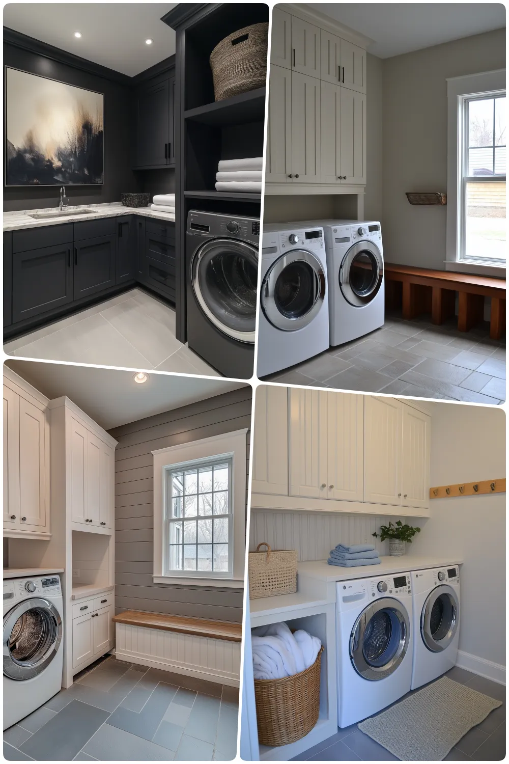 elegant laundry room with dark cabinets bright washer dryer sets and cozy seating area by the window