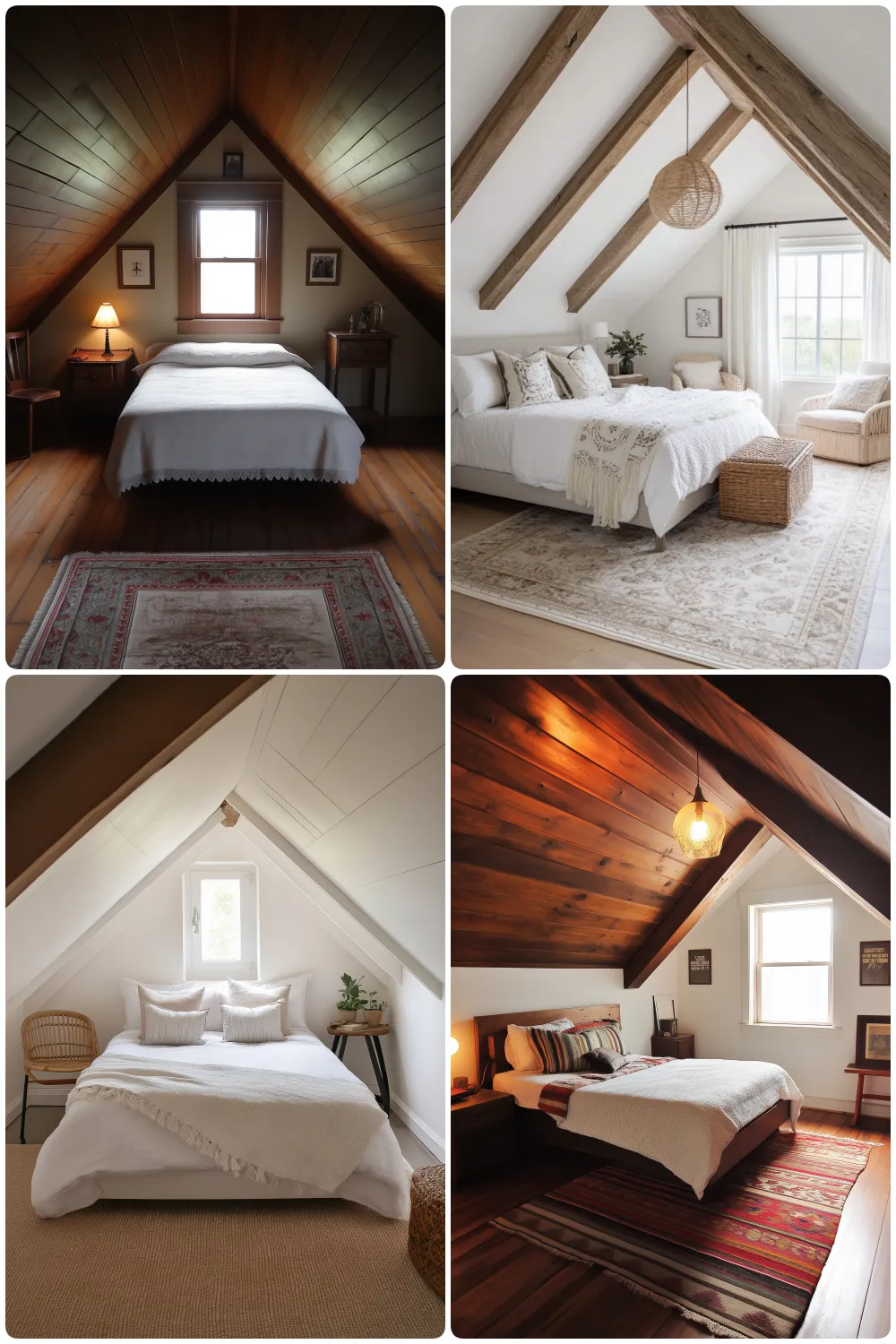 four cozy attic bedroom designs with wooden beams and warm decor featuring rugs and natural light