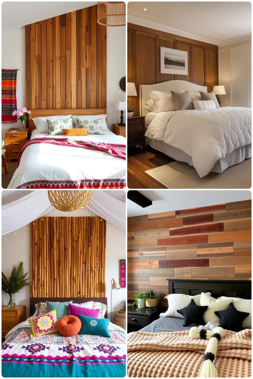 four cozy bedrooms featuring wooden accents colorful textiles and inviting bedding designs