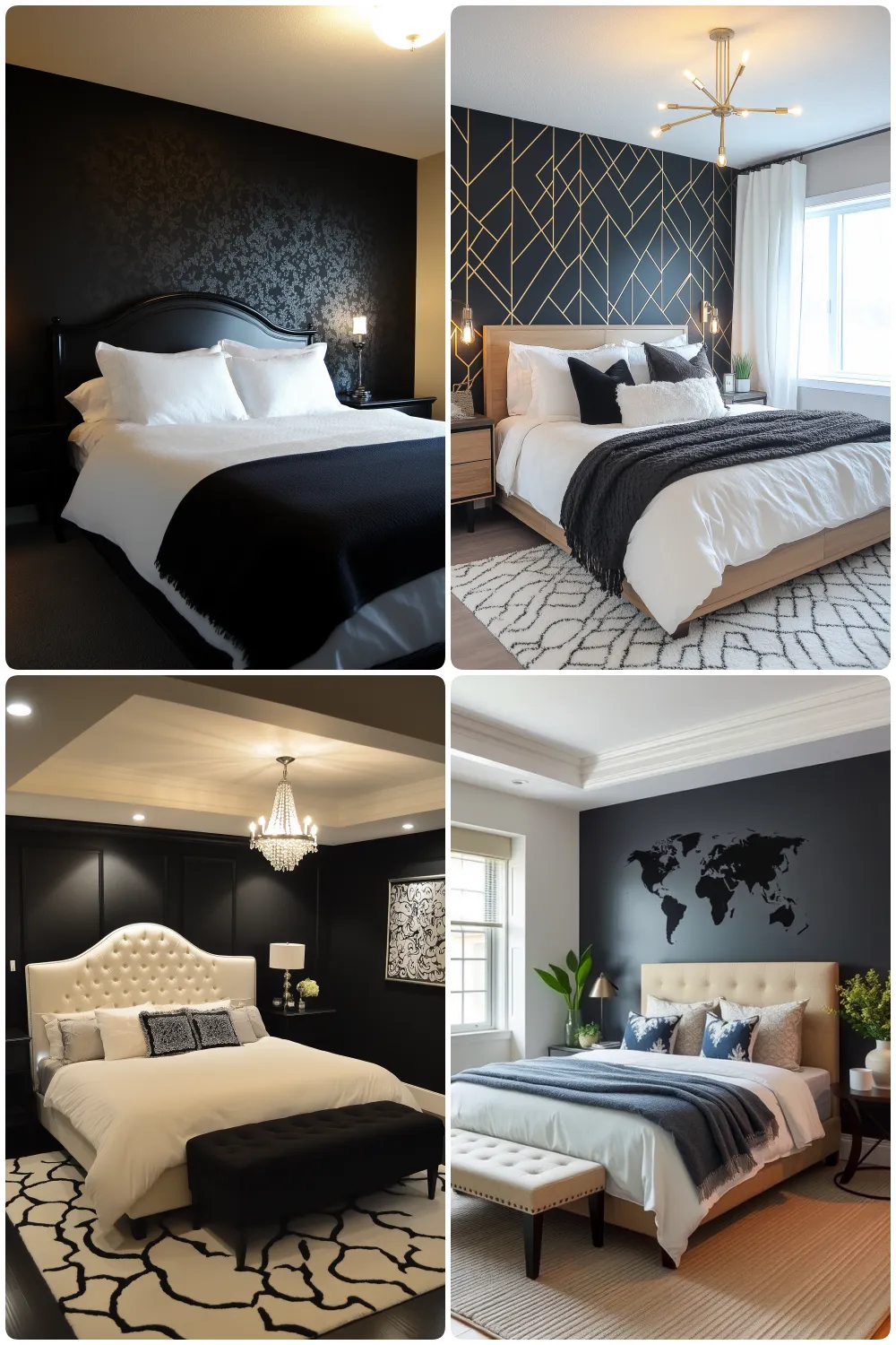 four modern bedrooms with stylish black walls luxurious bedding and unique decor elements