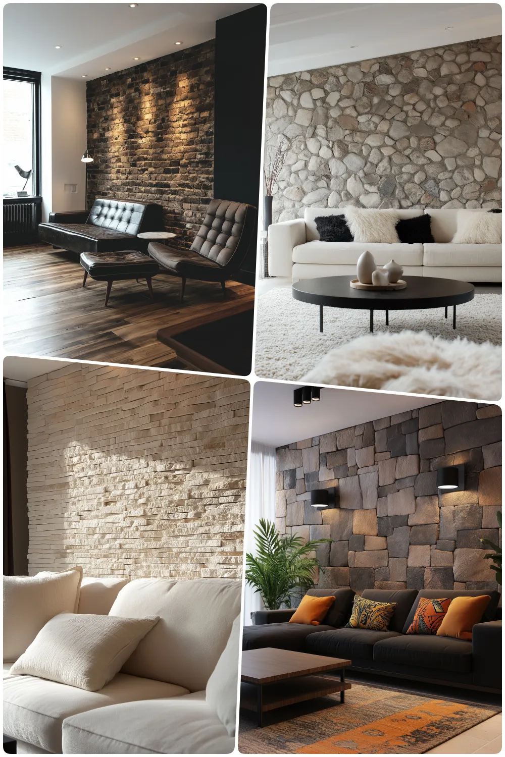 four modern living rooms featuring various stone and brick wall textures stylish seating and cozy decor