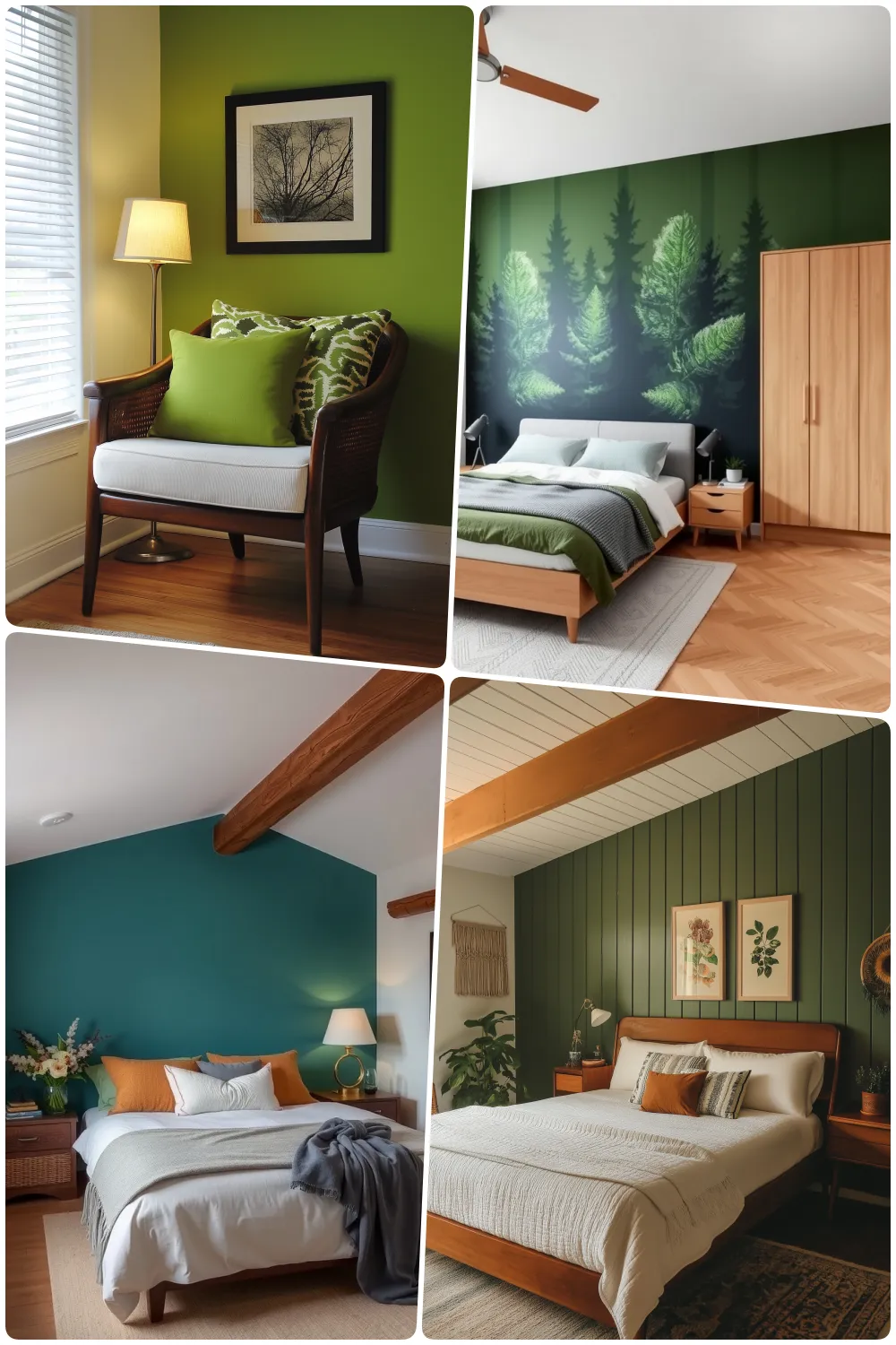 four serene bedrooms with green accents nature-inspired decor and calming furniture arrangements