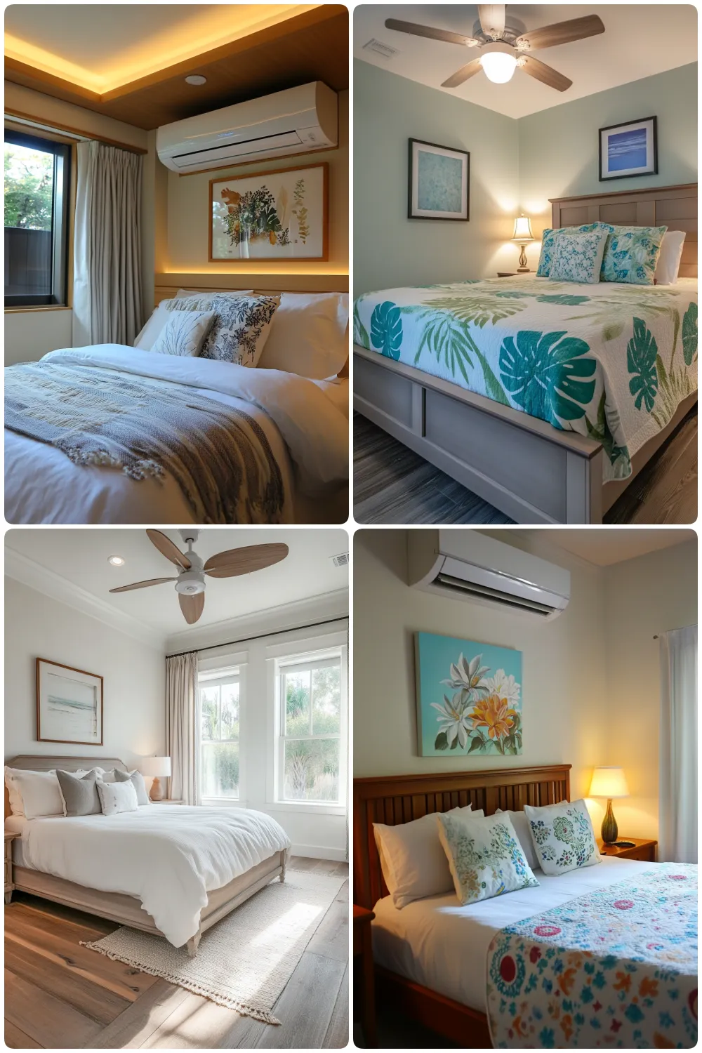 guest bedrooms with colorful bedding ceiling fans and air conditioner