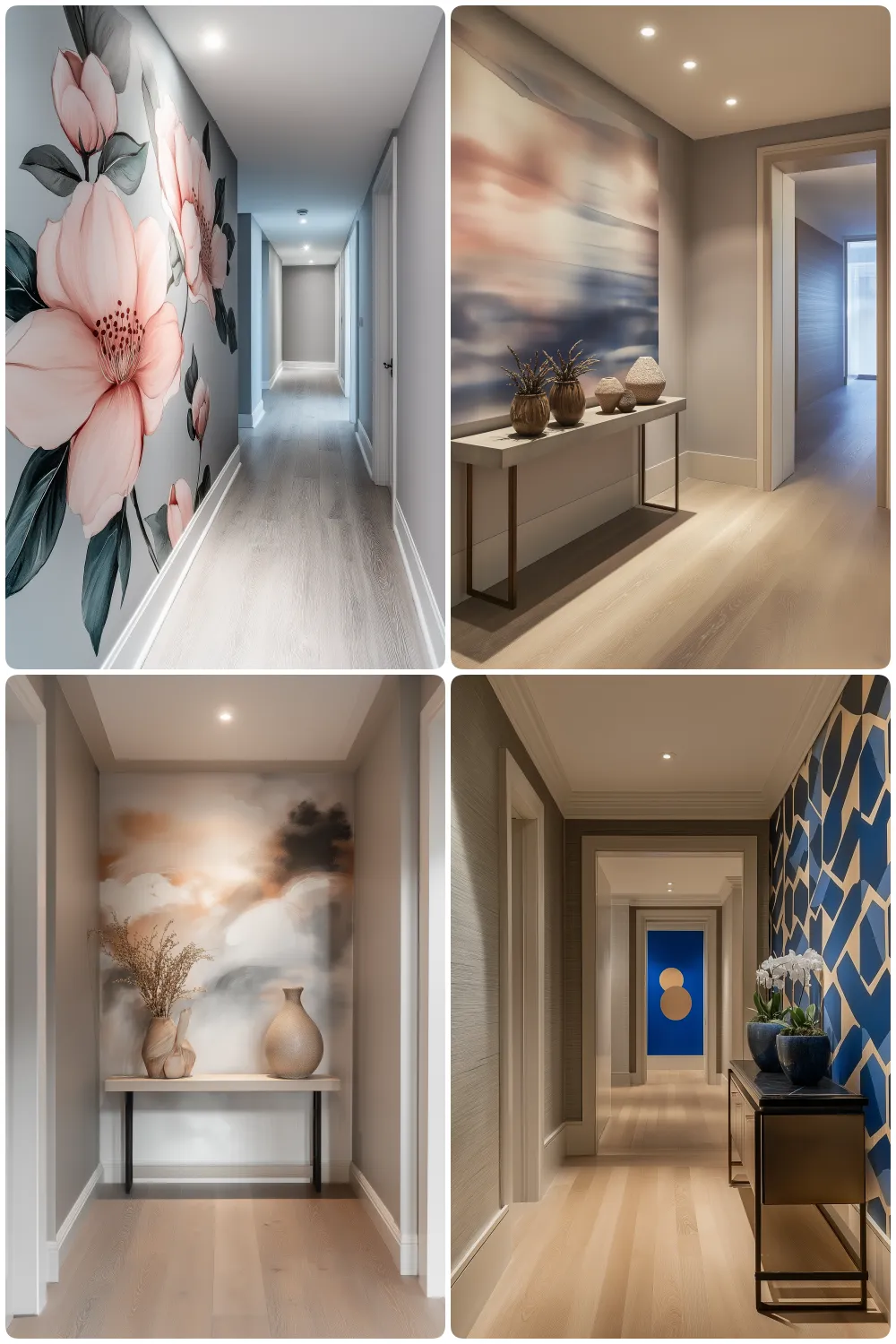 hallway decor featuring bold floral murals modern art and elegant furnishings in soft tones