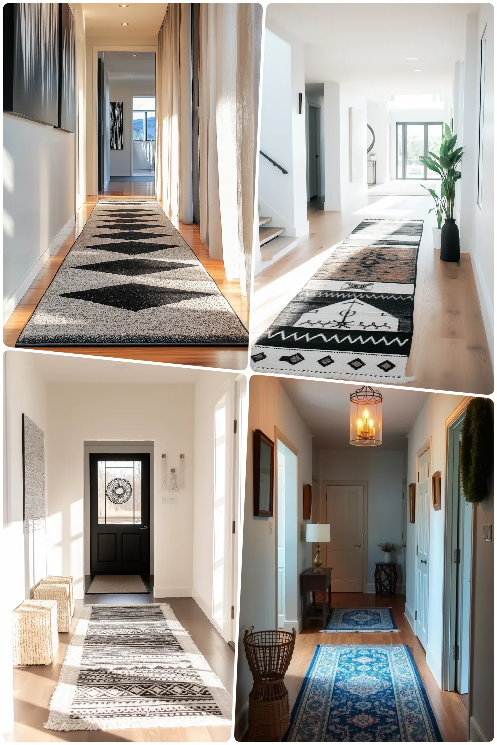 hallway decor featuring patterned rugs and modern lighting in bright spaces