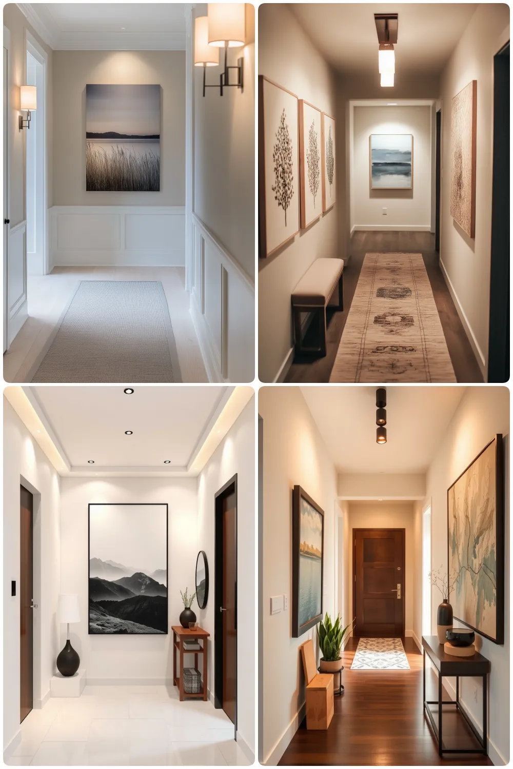 hallway decor with calming artwork stylish lighting and modern furnishings in subdued tones