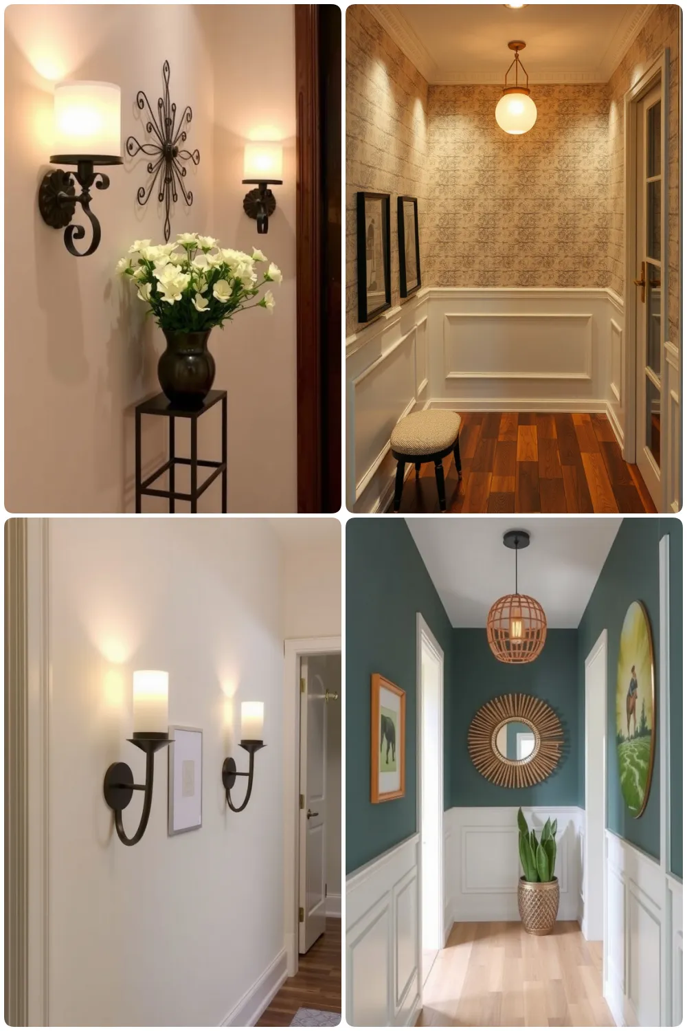 hallway decor with wall sconces plants and stylish lighting fixtures