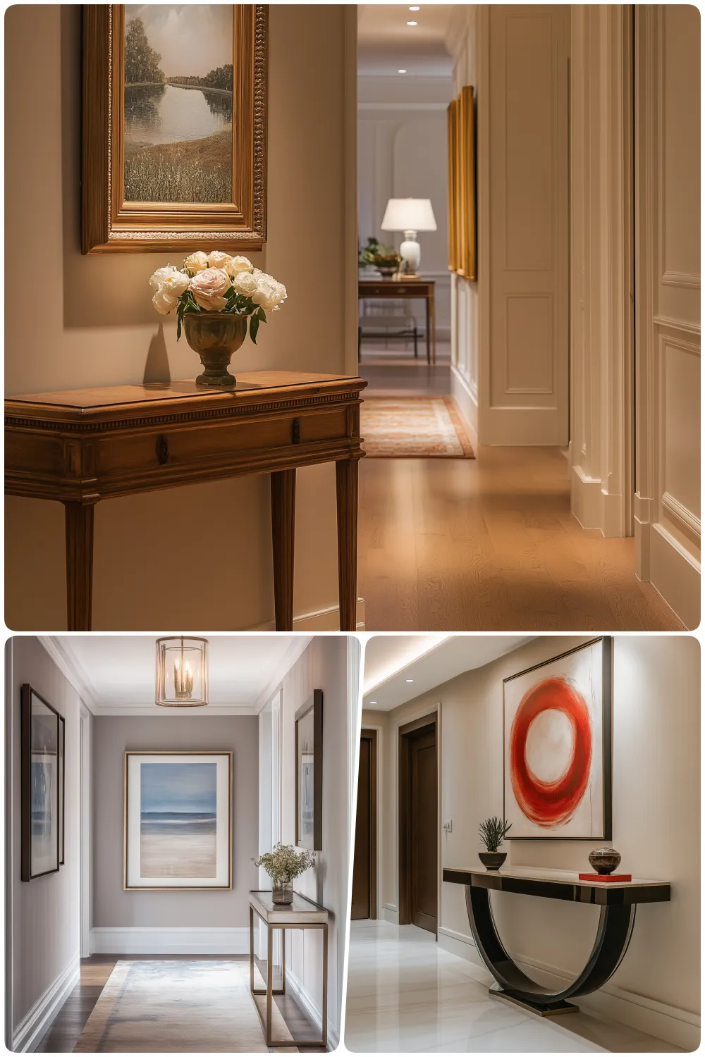 hallway design featuring antique table with flowers art pieces and modern decor accents