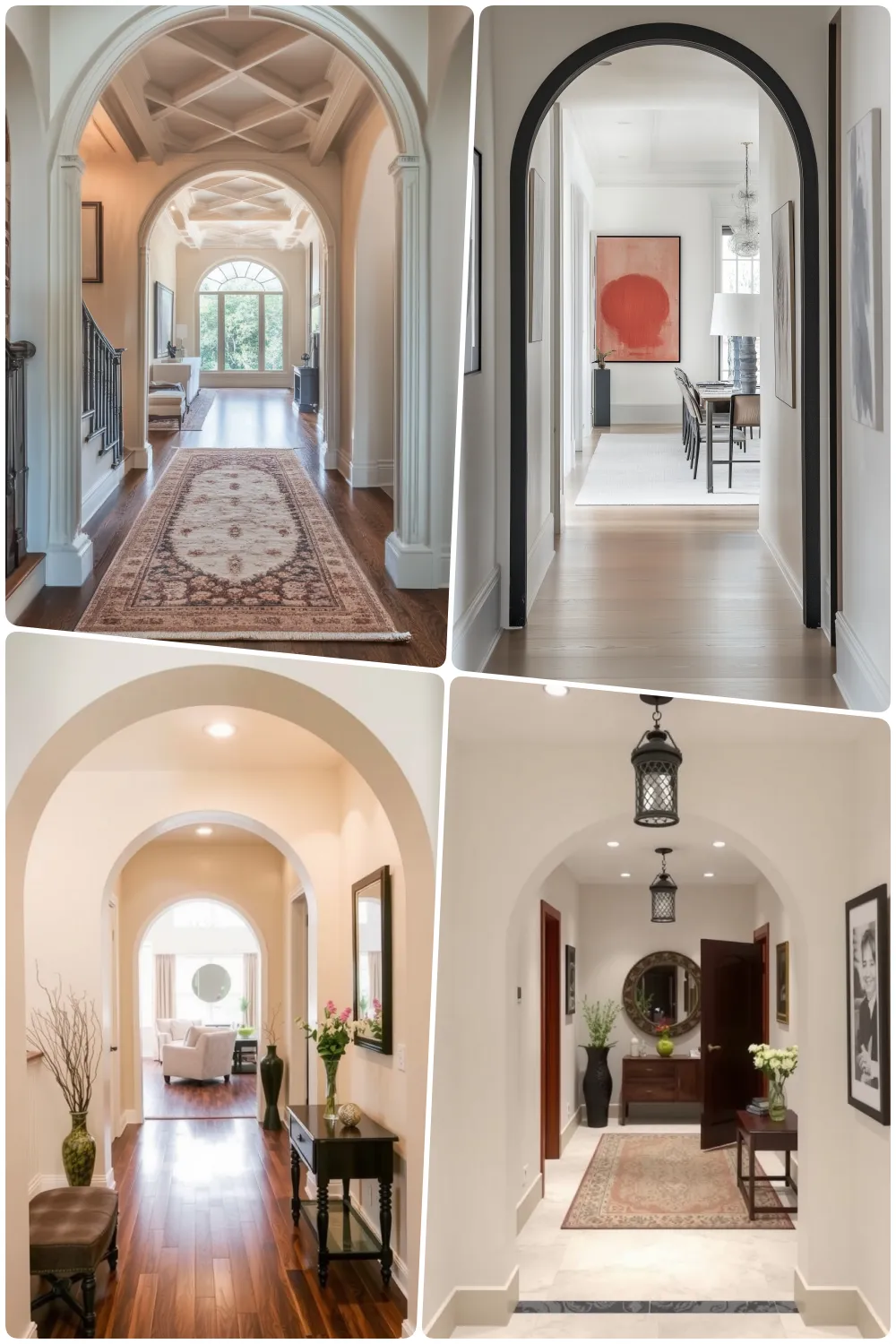 hallways featuring arched doorways rugs art decor and stylish lighting accents