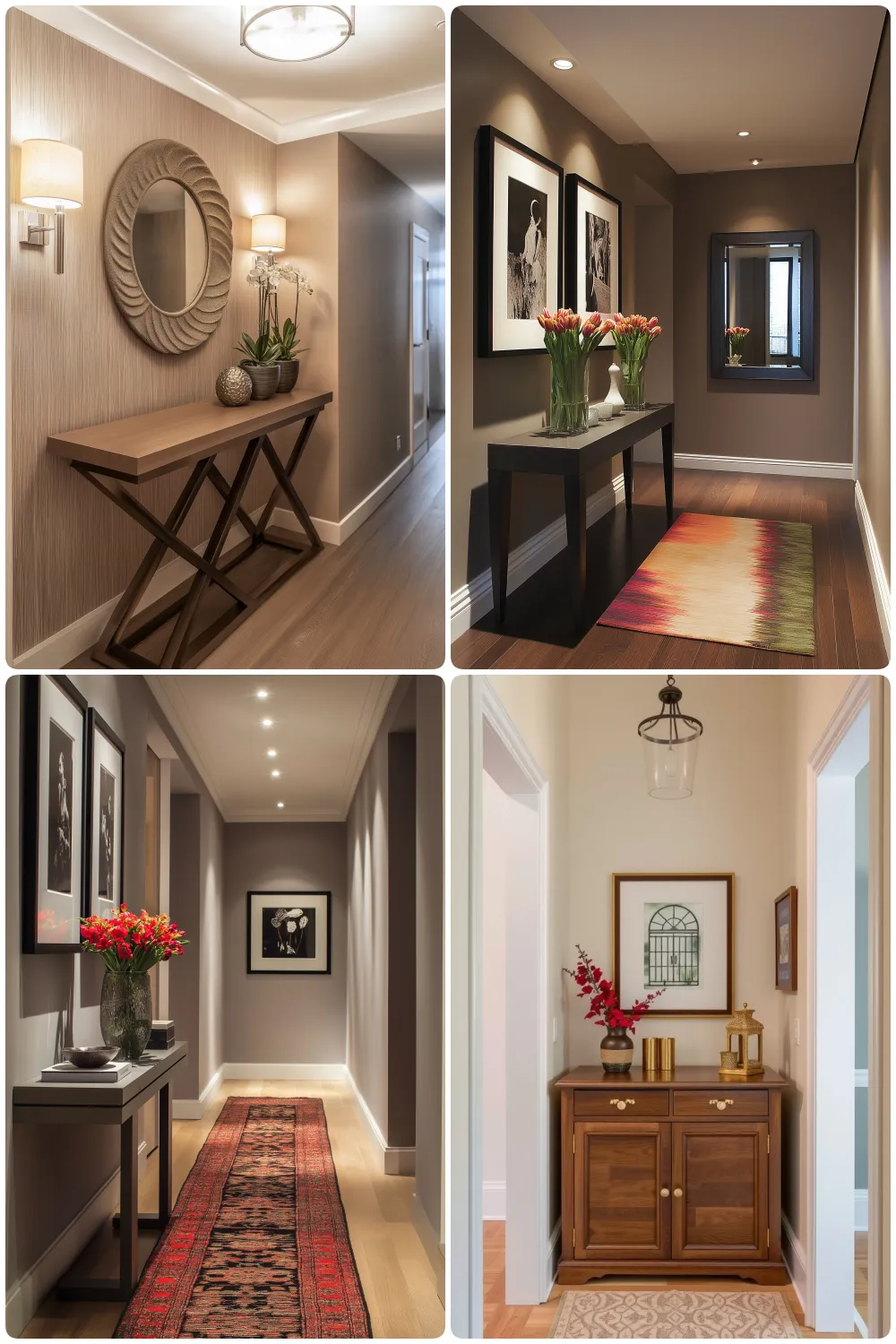 hallways with decor featuring mirrors flowers rugs and wooden furniture in neutral tones