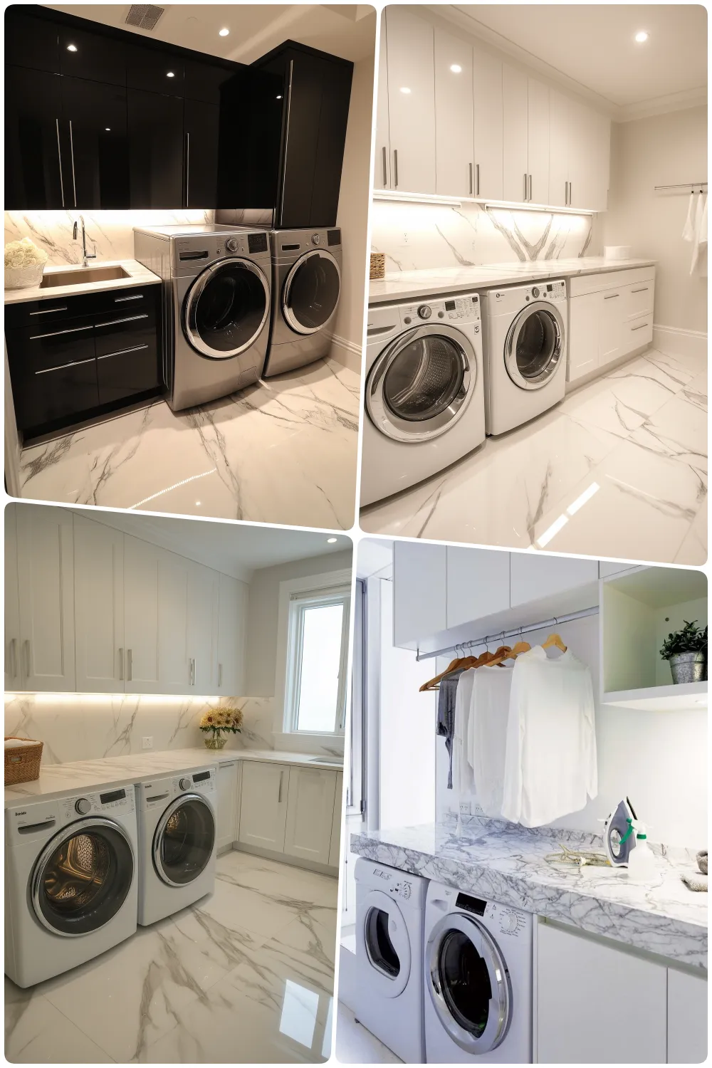 luxurious laundry room with marble flooring modern cabinets and stylish washer dryer sets