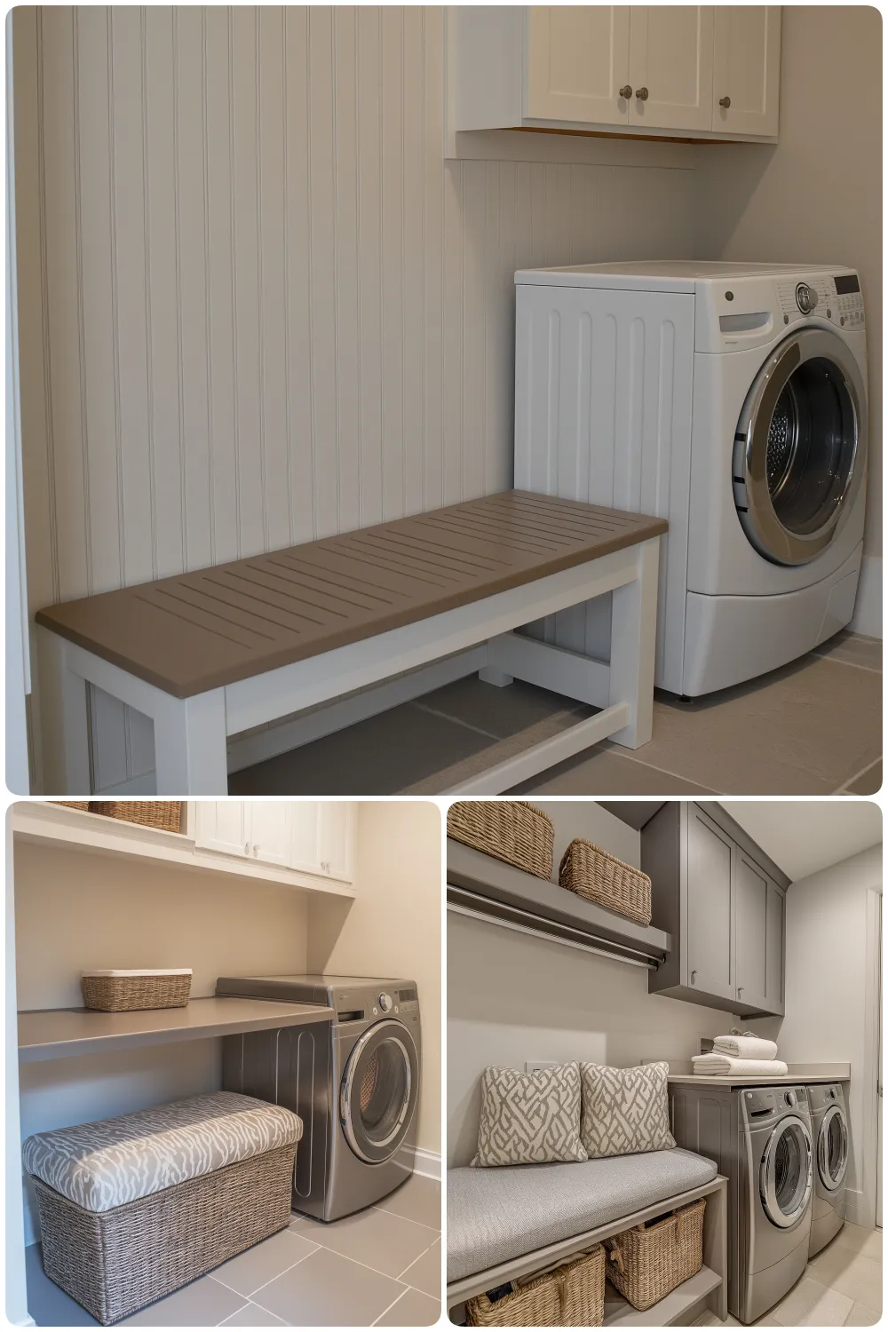 minimalist laundry room with white cabinets practical bench stylish washer dryer and organized storage