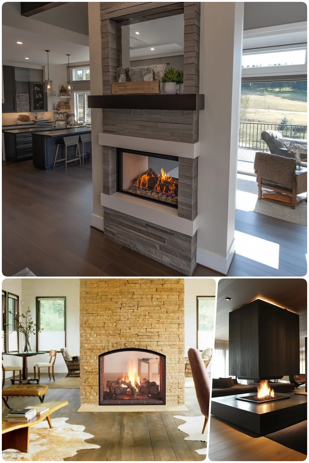 modern fireplaces open floor dual side showcasing stone textures and cozy ambiance