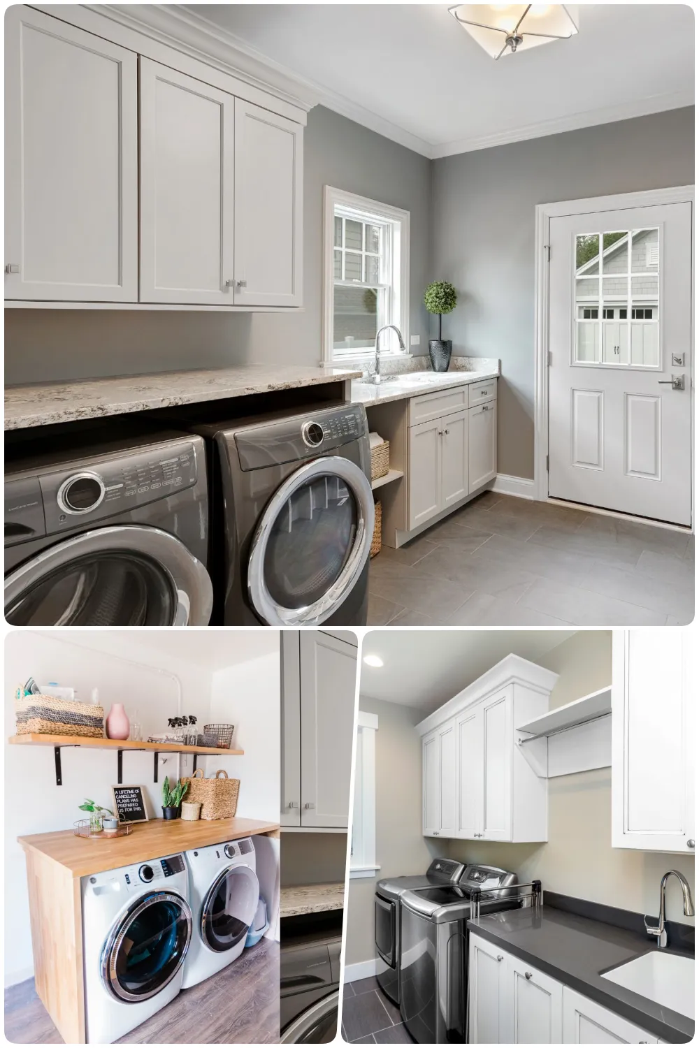 modern laundry room with gray walls featuring washing machines and cabinets