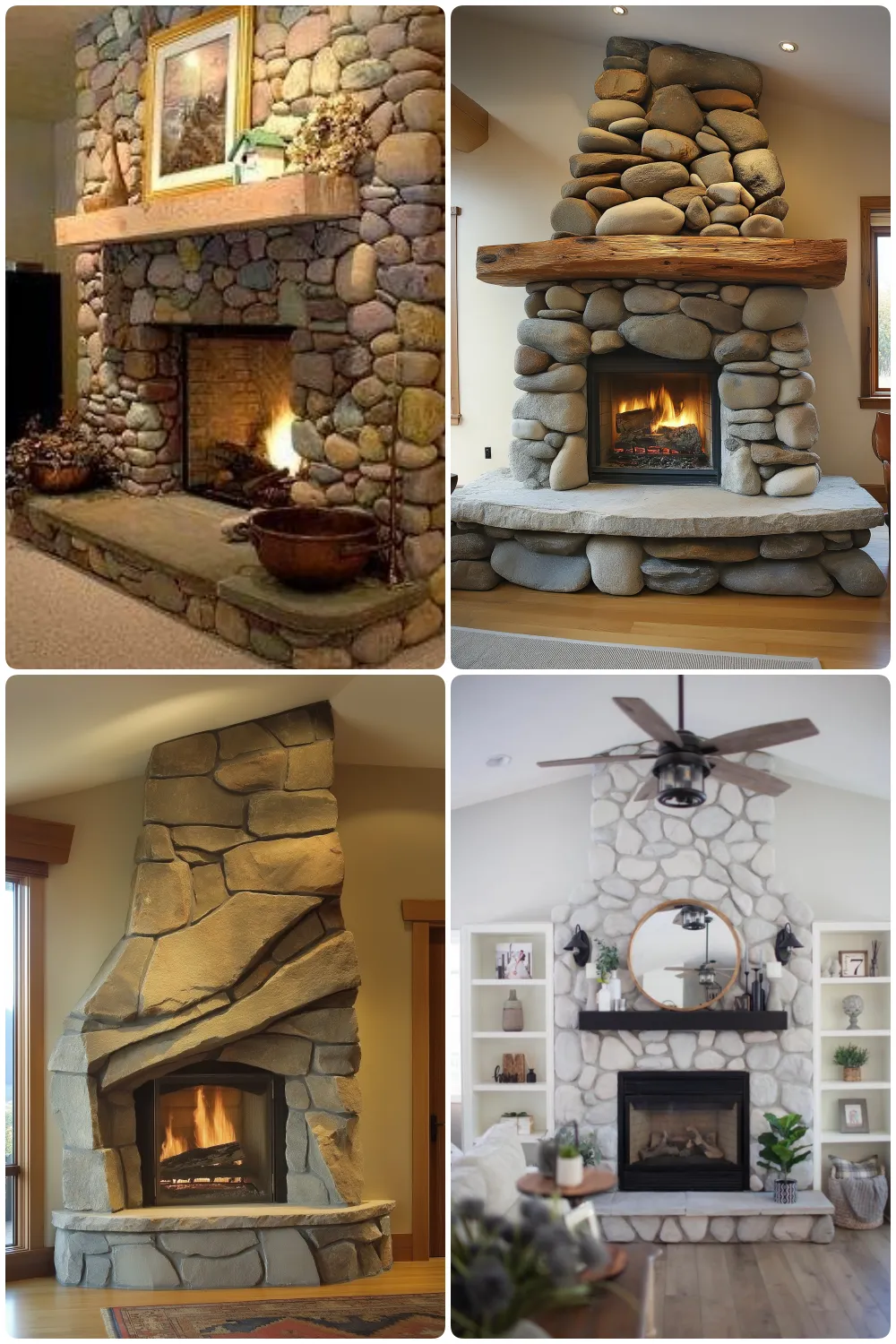 river rock stone fireplaces with rustic designs enhance cozy living rooms with natural warmth