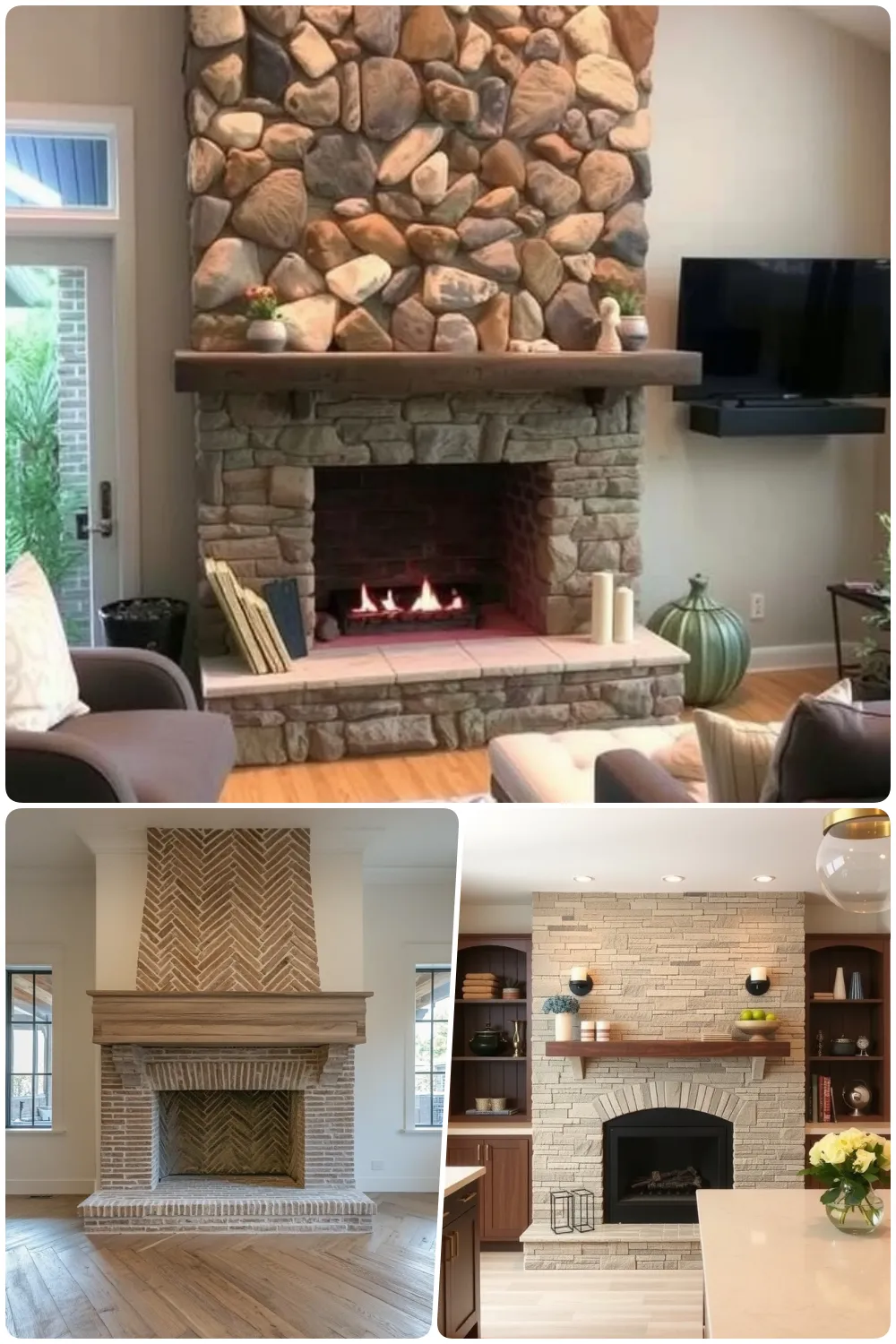 three stylish fireplaces showcasing stone and wood designs in modern interiors