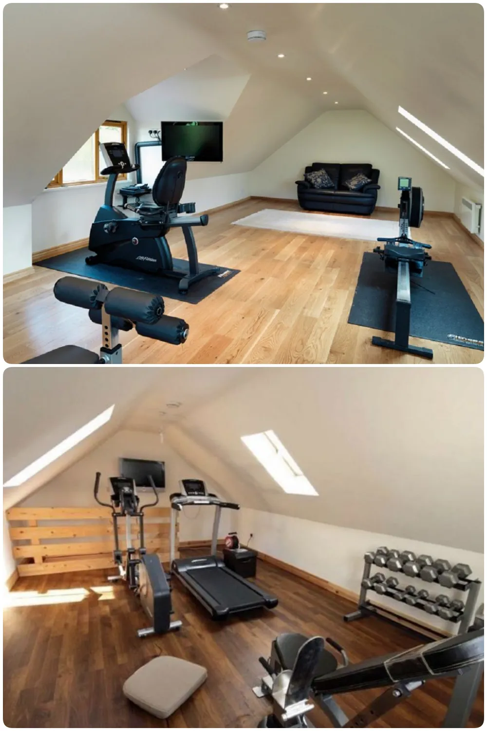 Bright attic gym with fitness equipment and large windows for natural light