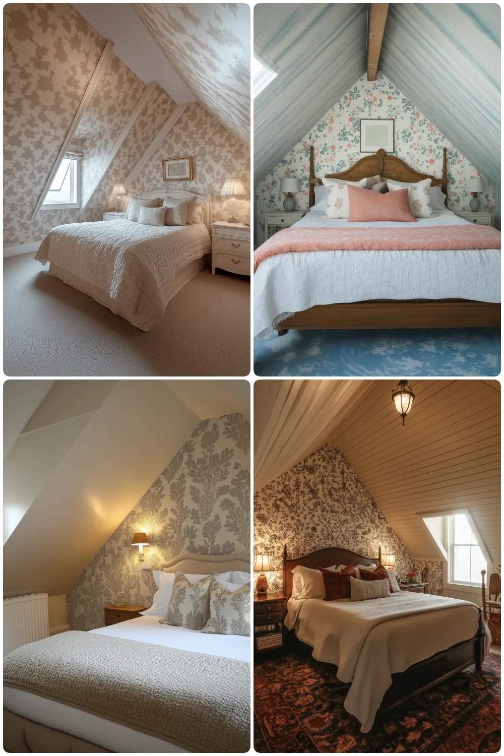 Charming attic bedrooms with floral wallpaper and cozy decor in soft colors and patterns