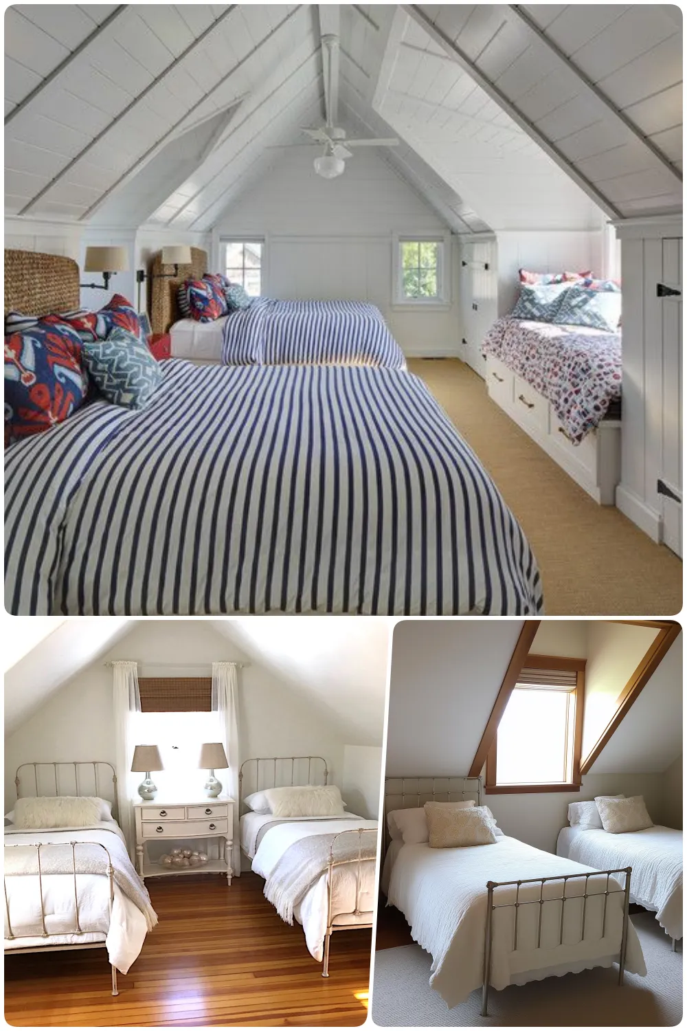 Charming attic guest bedrooms with striped bedding cozy decor and natural light from windows