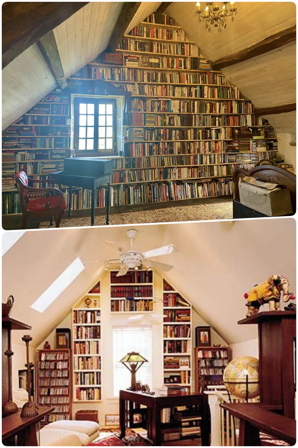 Charming attic reading rooms filled with bookshelves cozy seating and natural light