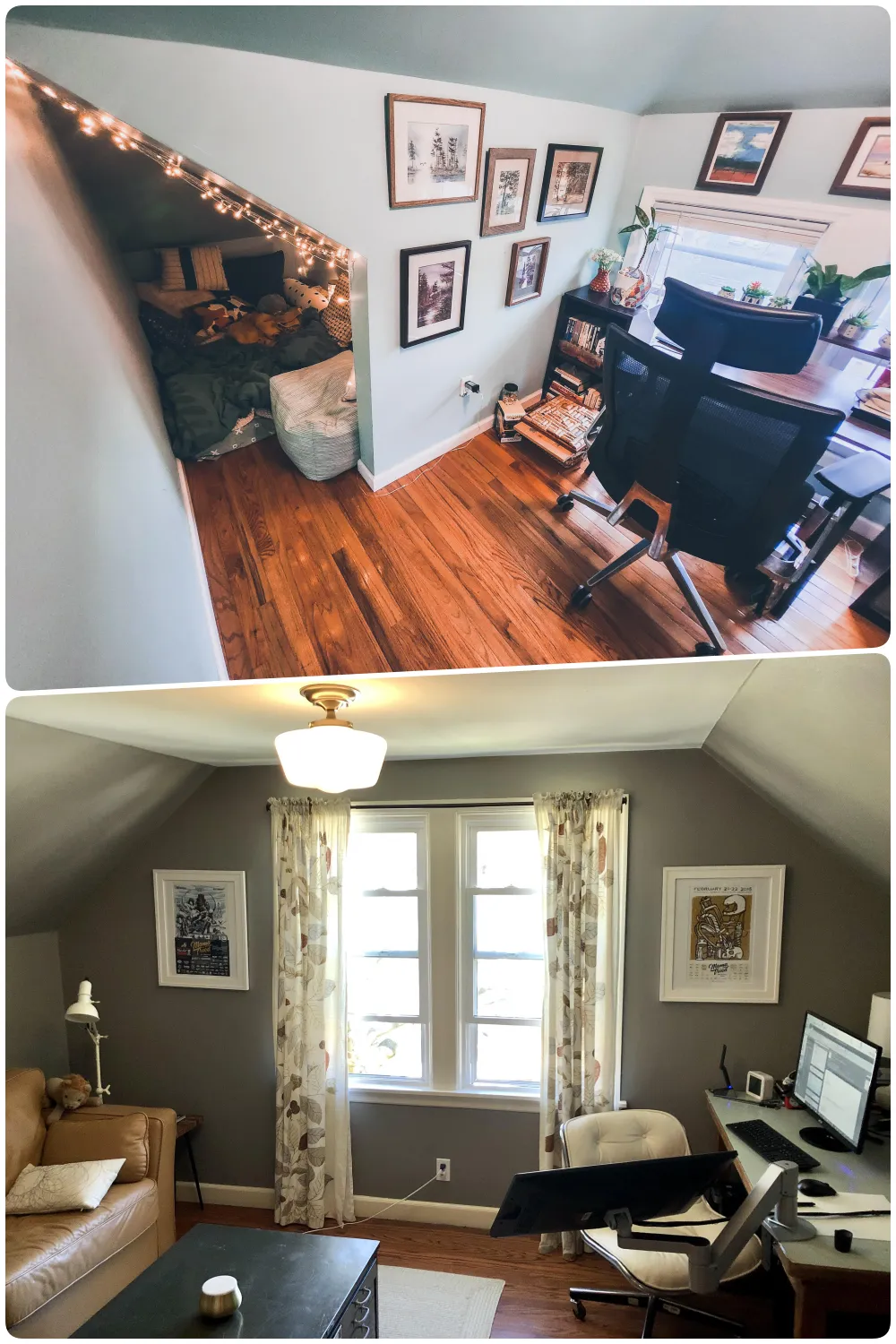 Cozy attic bedroom office with comfortable seating and workspace surrounded by artwork