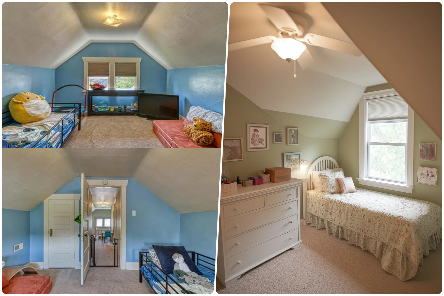 Cozy attic bedrooms with slanted ceilings one with blue walls and bunks the other in light green decor