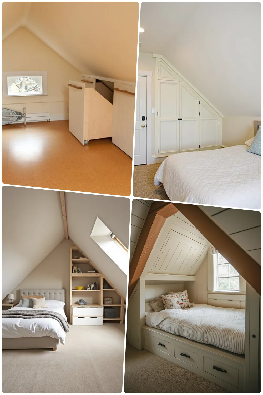 Cozy attic bedrooms with sloped ceilings and stylish storage solutions in soft colors