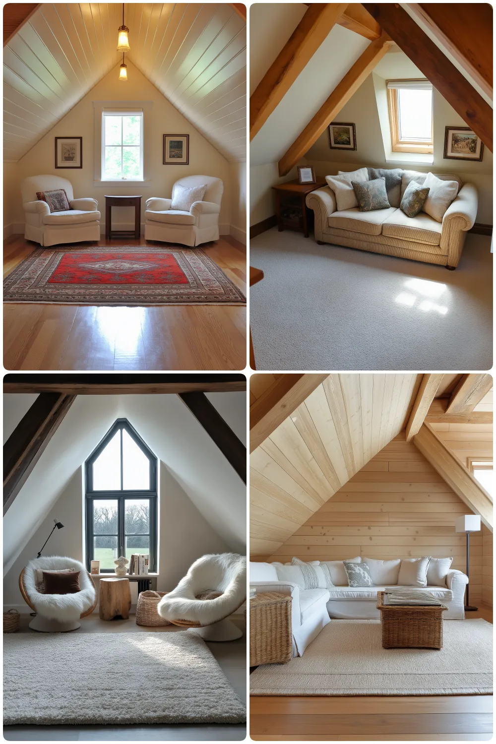 Cozy attic sitting areas with comfortable furniture warm lighting and natural wood accents