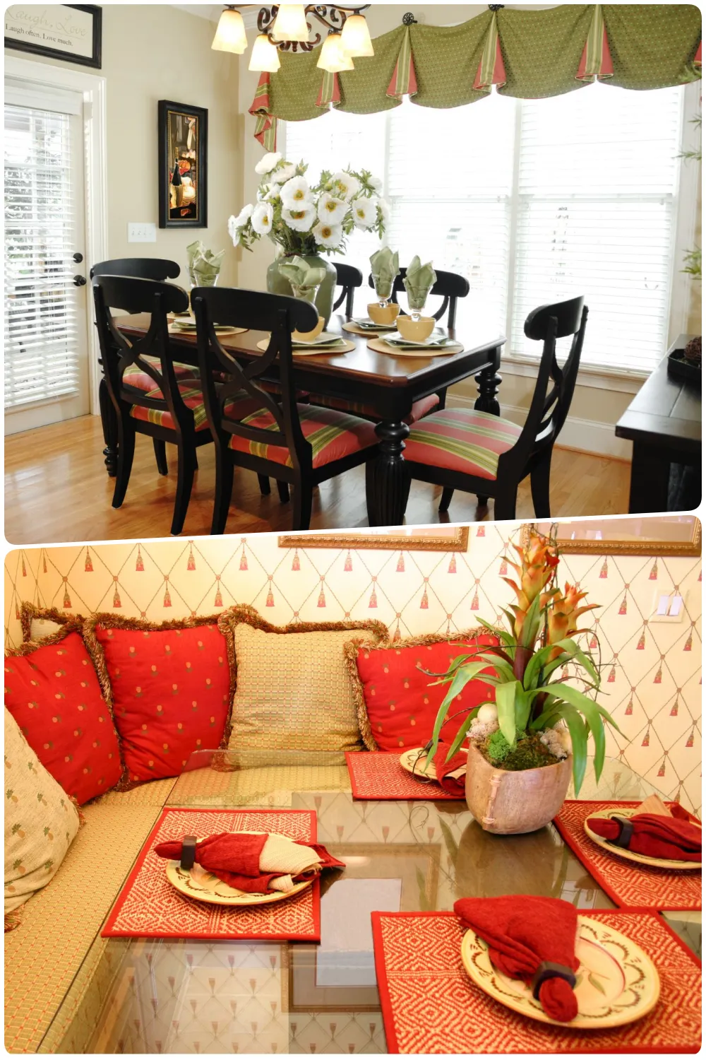 Cozy breakfast nooks with wooden dining tables colorful decor and floral arrangements