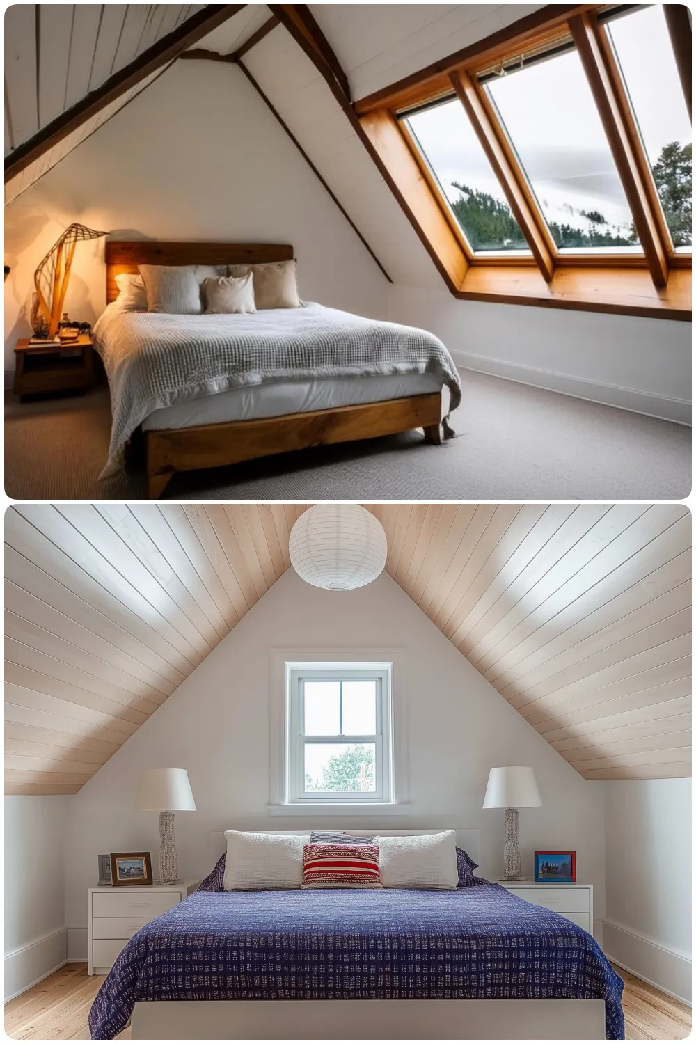 Cozy modern attic bedrooms with spacious windows and stylish decor in warm tones