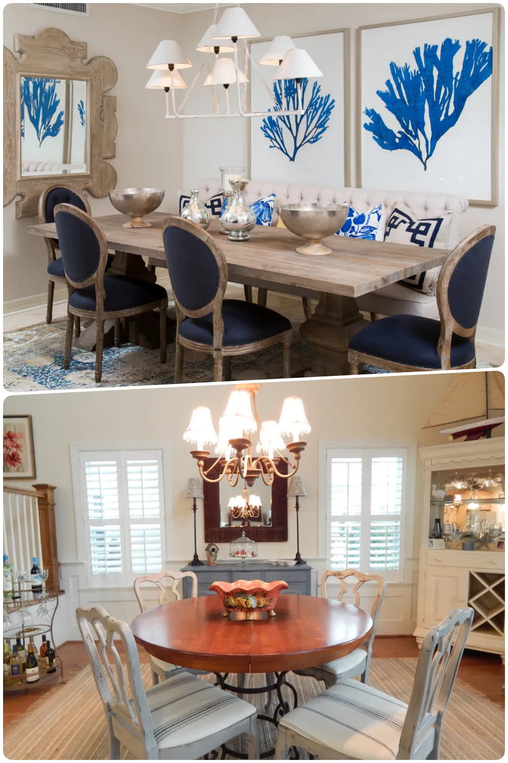 Dine room designs featuring a long wooden table and round table with elegant light fixtures