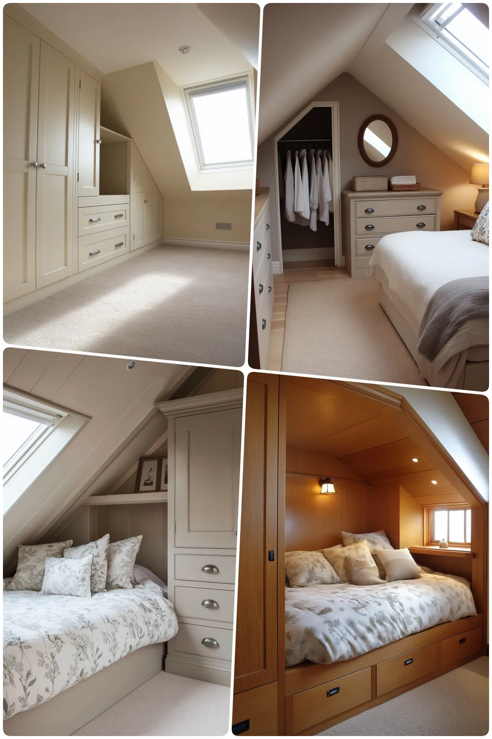 Elegant attic bedrooms featuring built-in storage and cozy seating with modern decor