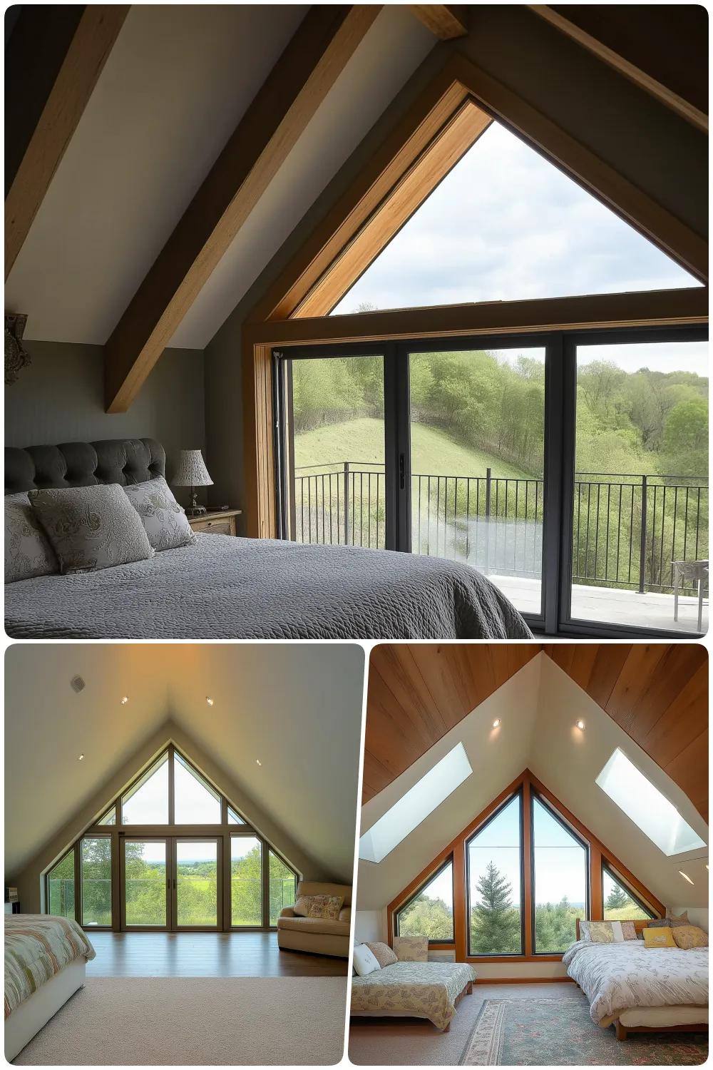 Elegant attic bedrooms featuring large floor-to-ceiling windows with scenic views