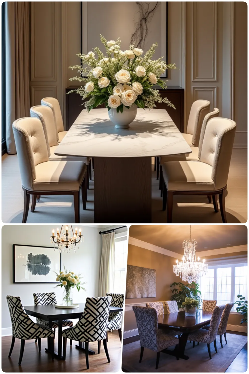 Elegant dining rooms showcasing floral centerpieces chic chairs and stylish lighting fixtures