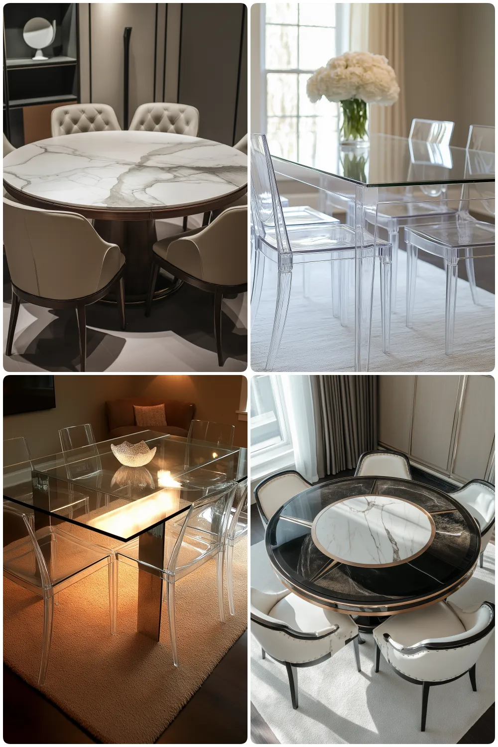 Elegant dining tables featuring marble tops and transparent chairs in modern settings